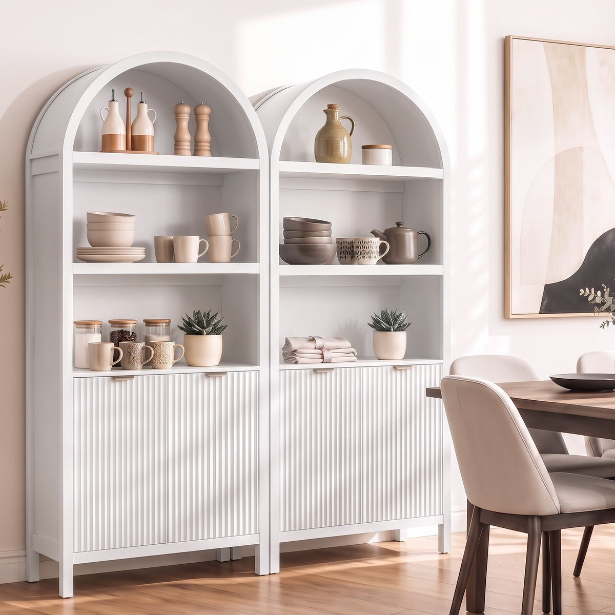 Buffet Sideboard Cabinet Pantry 180cm with Arched Storage and Bookshelf - White (Set of 2) - Furniture > Dining > Buffets & Sideboards - Rivercity House & Home Co. (ABN 18 642 972 209) - Affordable Modern Furniture Australia