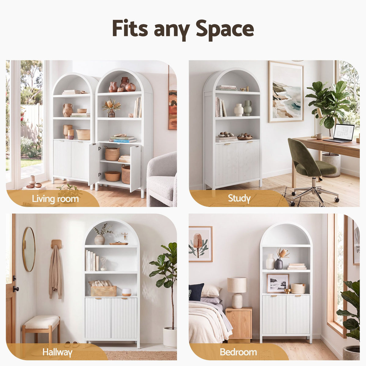 Buffet Sideboard Cabinet Pantry 180cm with Arched Storage and Bookshelf - White (Set of 2) - Furniture > Dining > Buffets & Sideboards - Rivercity House & Home Co. (ABN 18 642 972 209) - Affordable Modern Furniture Australia