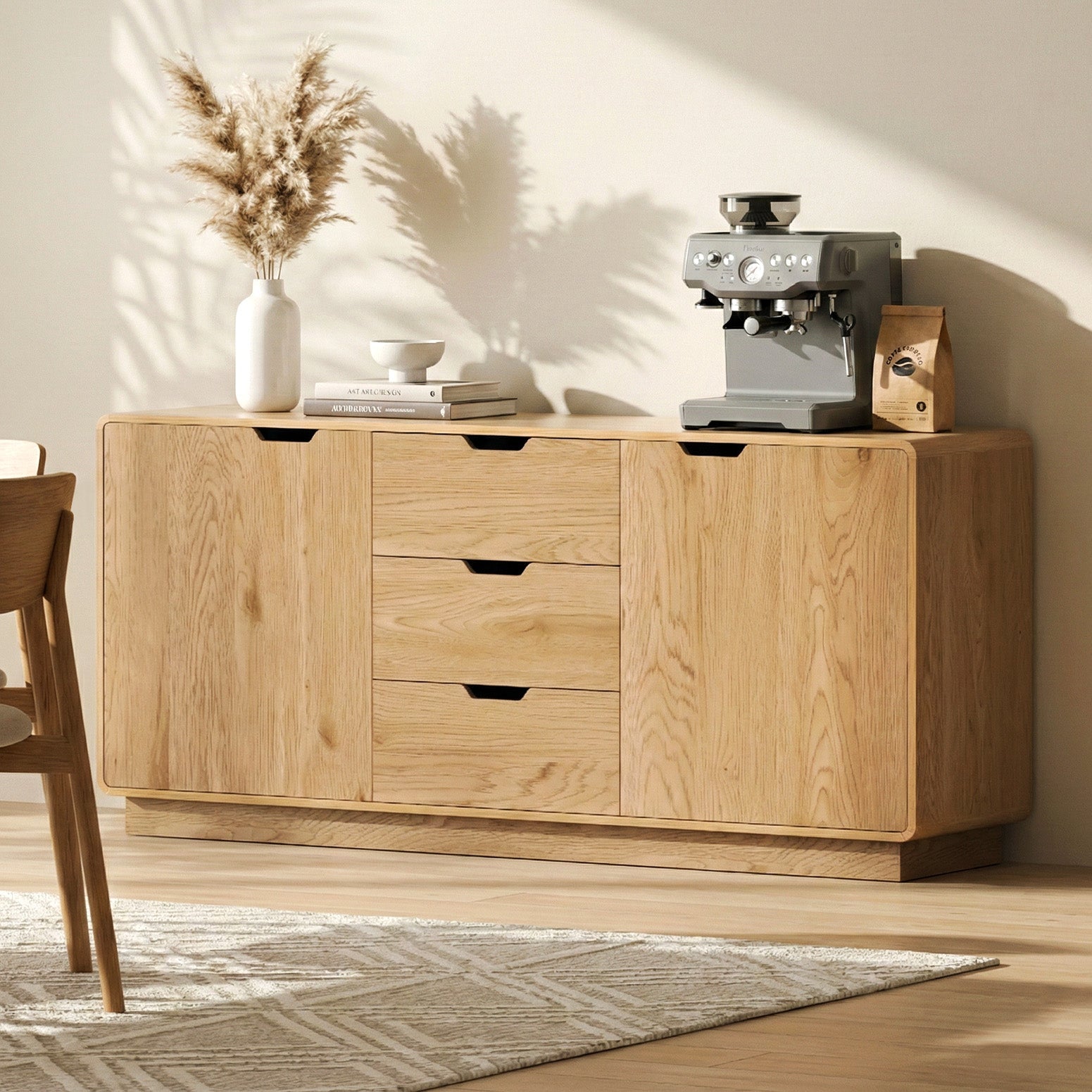 Buffet Sideboard Cabinet with Drawers and Round Edges - Oak - Furniture > Dining > Buffets & Sideboards - Rivercity House & Home Co. (ABN 18 642 972 209) - Affordable Modern Furniture Australia