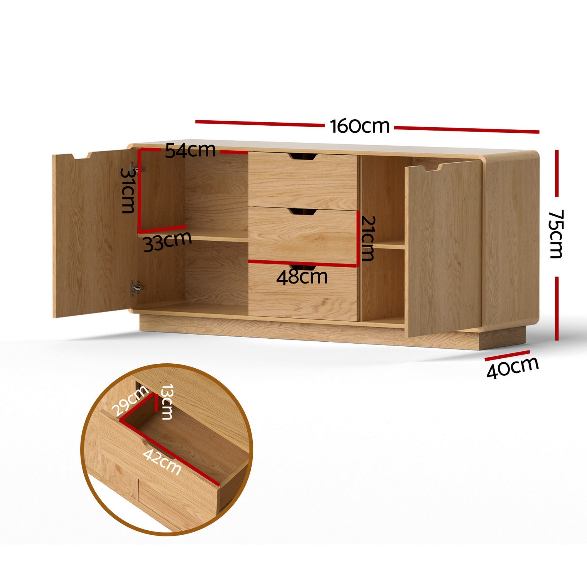 Buffet Sideboard Cabinet with Drawers and Round Edges - Oak - Furniture > Dining > Buffets & Sideboards - Rivercity House & Home Co. (ABN 18 642 972 209) - Affordable Modern Furniture Australia