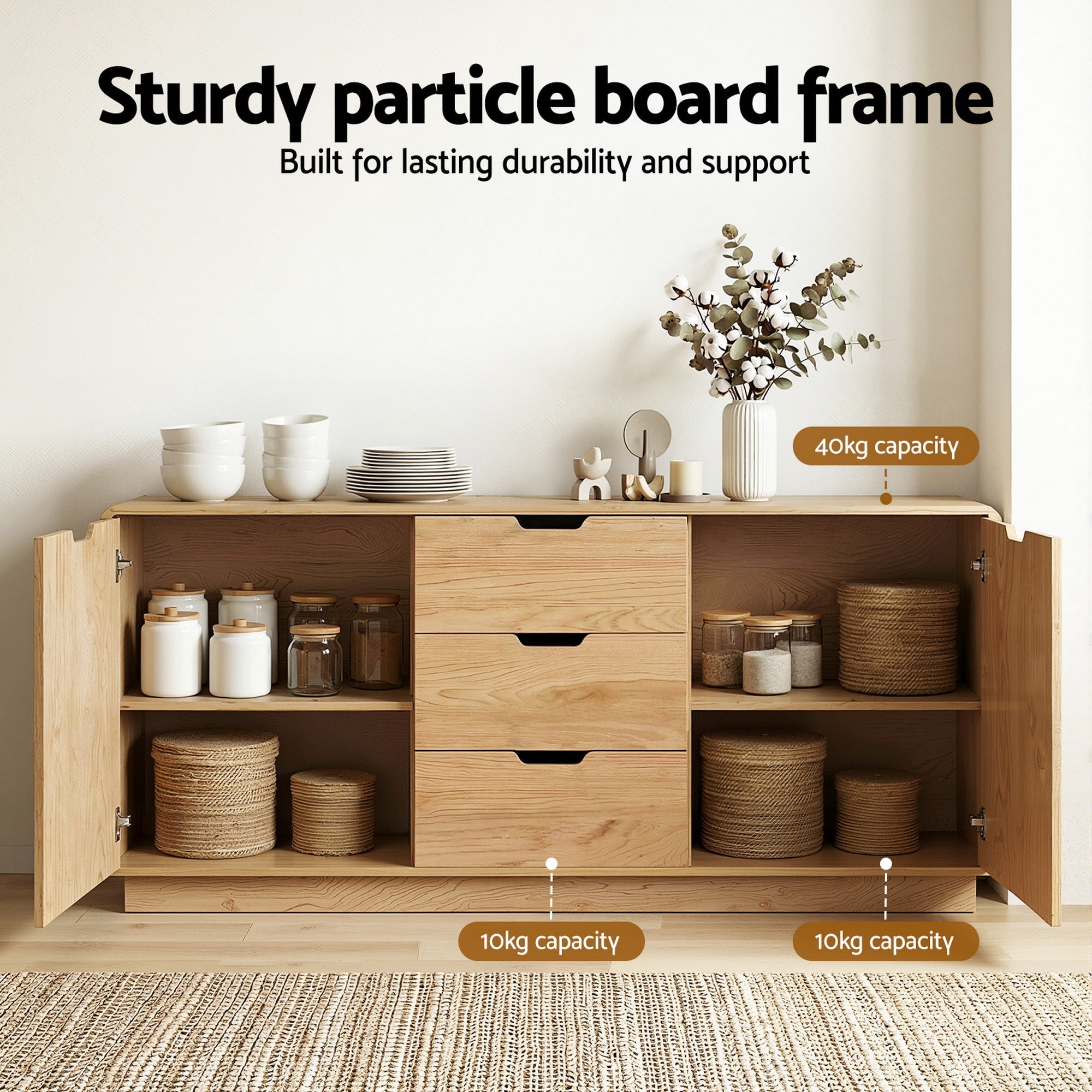 Buffet Sideboard Cabinet with Drawers and Round Edges - Oak - Furniture > Dining > Buffets & Sideboards - Rivercity House & Home Co. (ABN 18 642 972 209) - Affordable Modern Furniture Australia