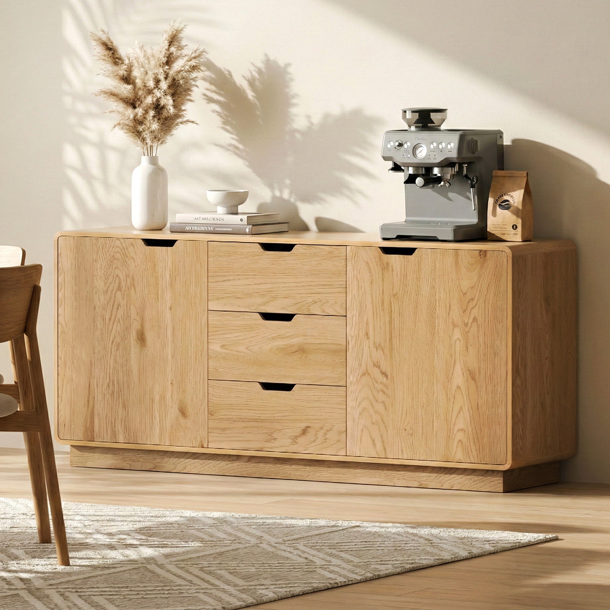 Buffet Sideboard Cabinet with Drawers and Round Edges - Oak - Furniture > Dining > Buffets & Sideboards - Rivercity House & Home Co. (ABN 18 642 972 209) - Affordable Modern Furniture Australia