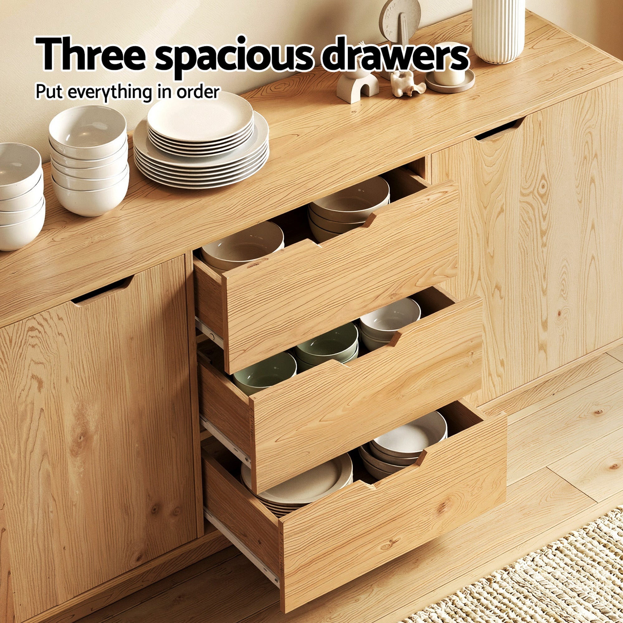 Buffet Sideboard Cabinet with Drawers and Round Edges - Oak - Furniture > Dining > Buffets & Sideboards - Rivercity House & Home Co. (ABN 18 642 972 209) - Affordable Modern Furniture Australia