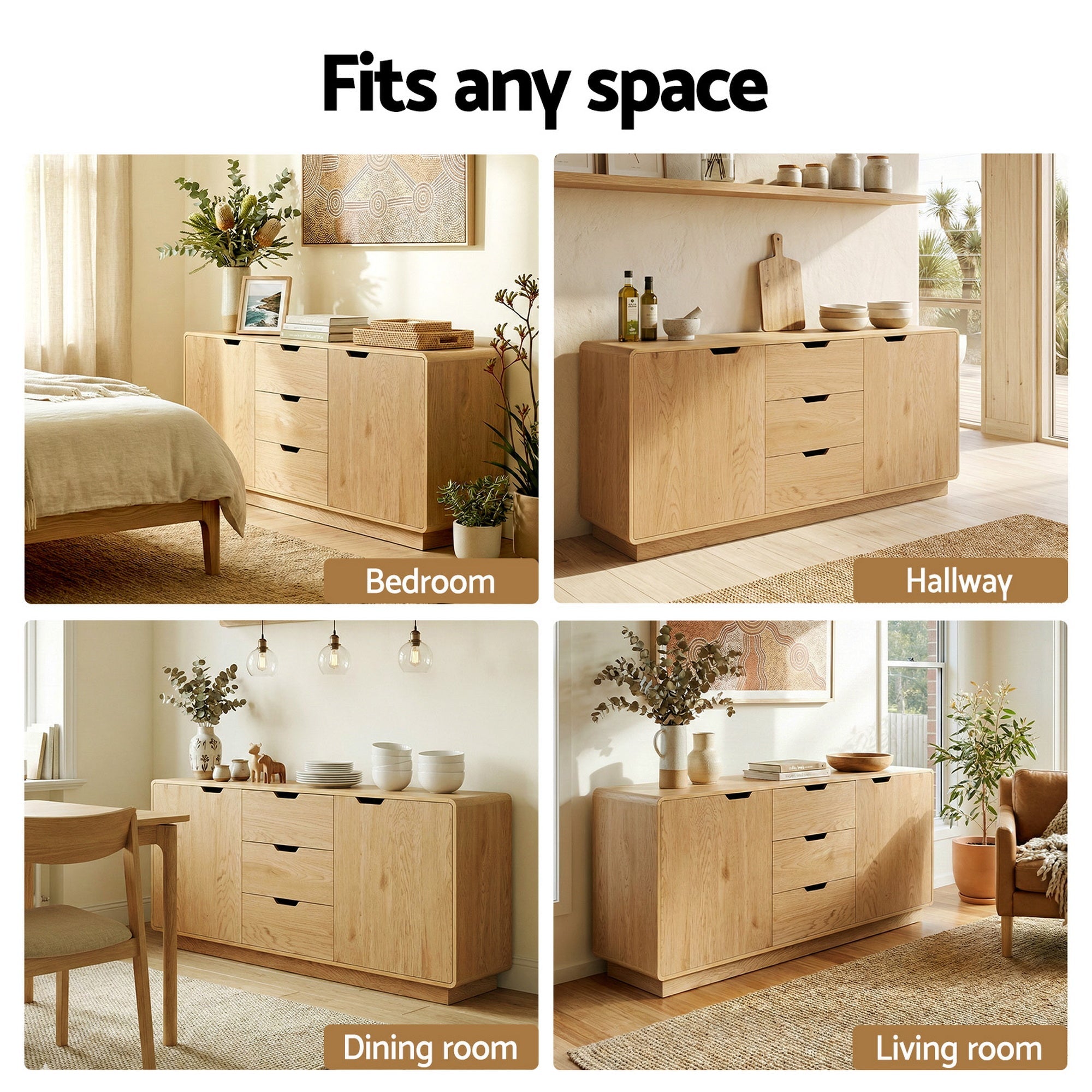 Buffet Sideboard Cabinet with Drawers and Round Edges - Oak - Furniture > Dining > Buffets & Sideboards - Rivercity House & Home Co. (ABN 18 642 972 209) - Affordable Modern Furniture Australia