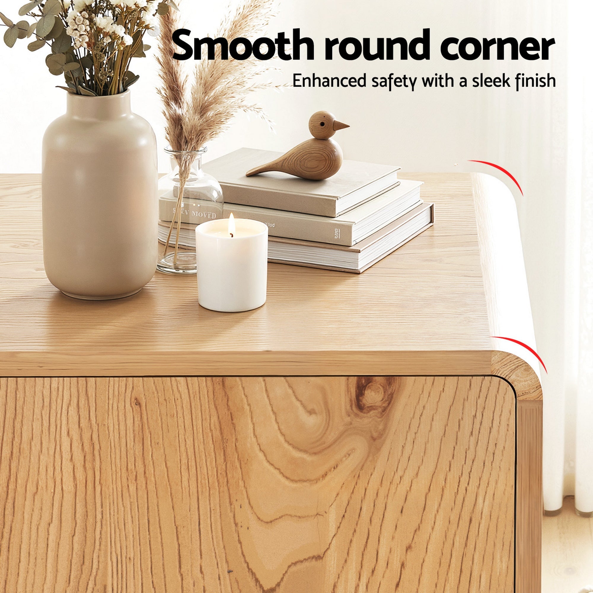 Buffet Sideboard Cabinet with Drawers and Round Edges - Oak - Furniture > Dining > Buffets & Sideboards - Rivercity House & Home Co. (ABN 18 642 972 209) - Affordable Modern Furniture Australia