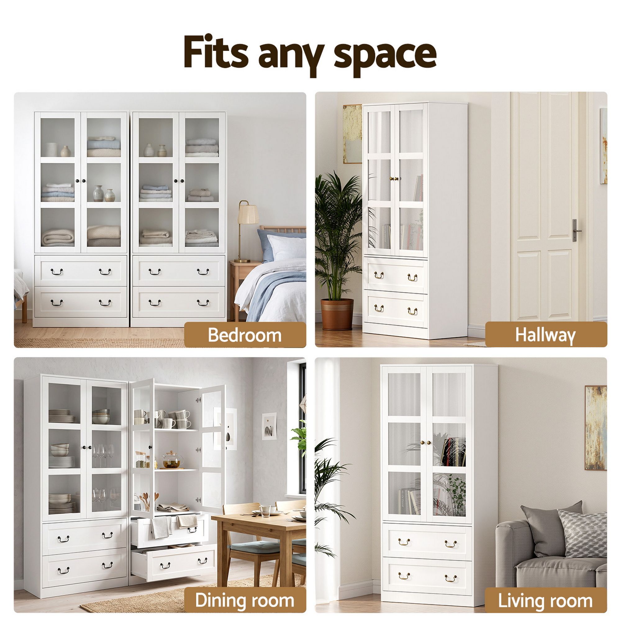 Buffet Sideboard Cabinets X2 180cm Hutch Storage Kitchen Clear Door White - Furniture > Bathroom > Sinks - Rivercity House & Home Co. (ABN 18 642 972 209) - Affordable Modern Furniture Australia