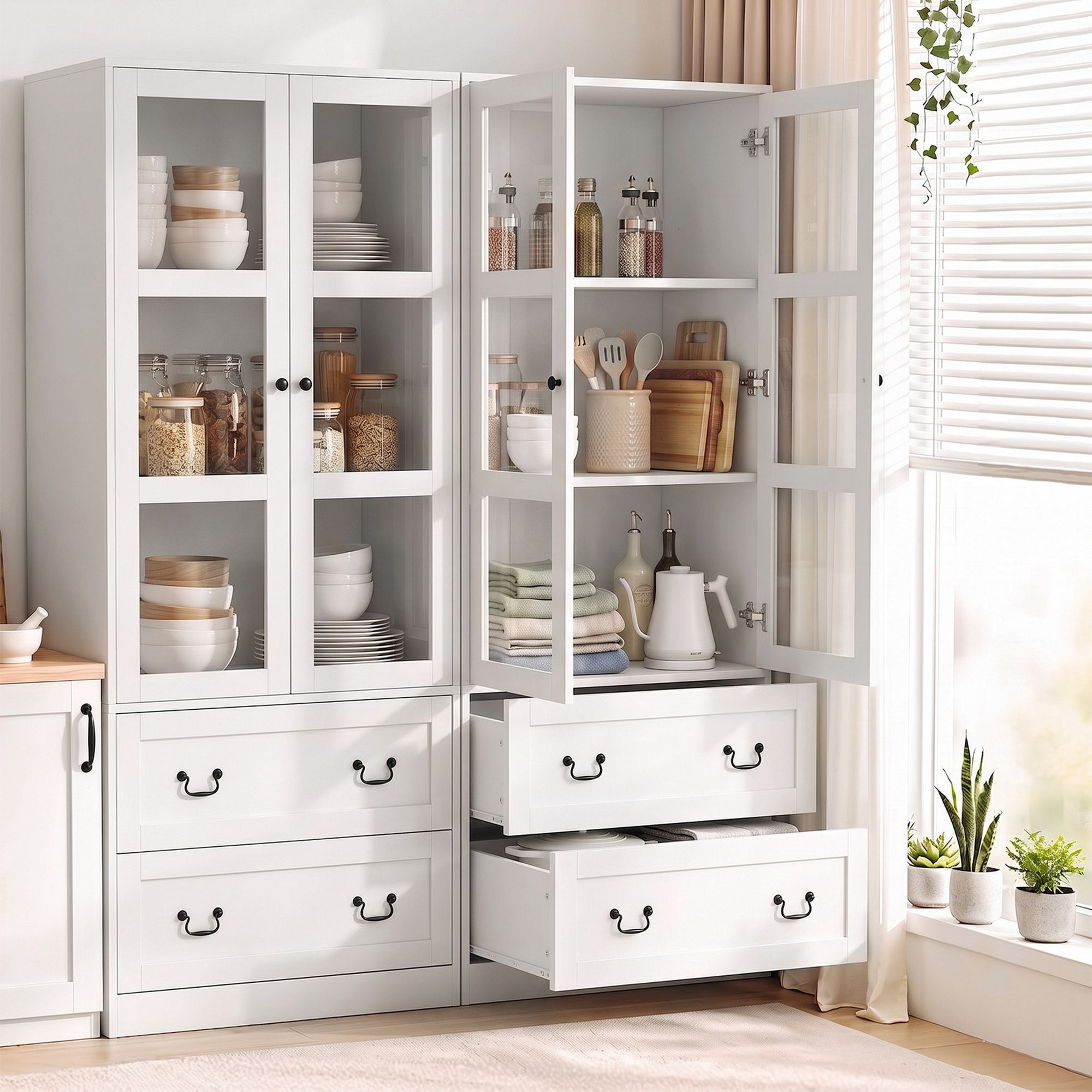 Buffet Sideboard Cabinets X2 180cm Hutch Storage Kitchen Clear Door White - Furniture > Bathroom > Sinks - Rivercity House & Home Co. (ABN 18 642 972 209) - Affordable Modern Furniture Australia