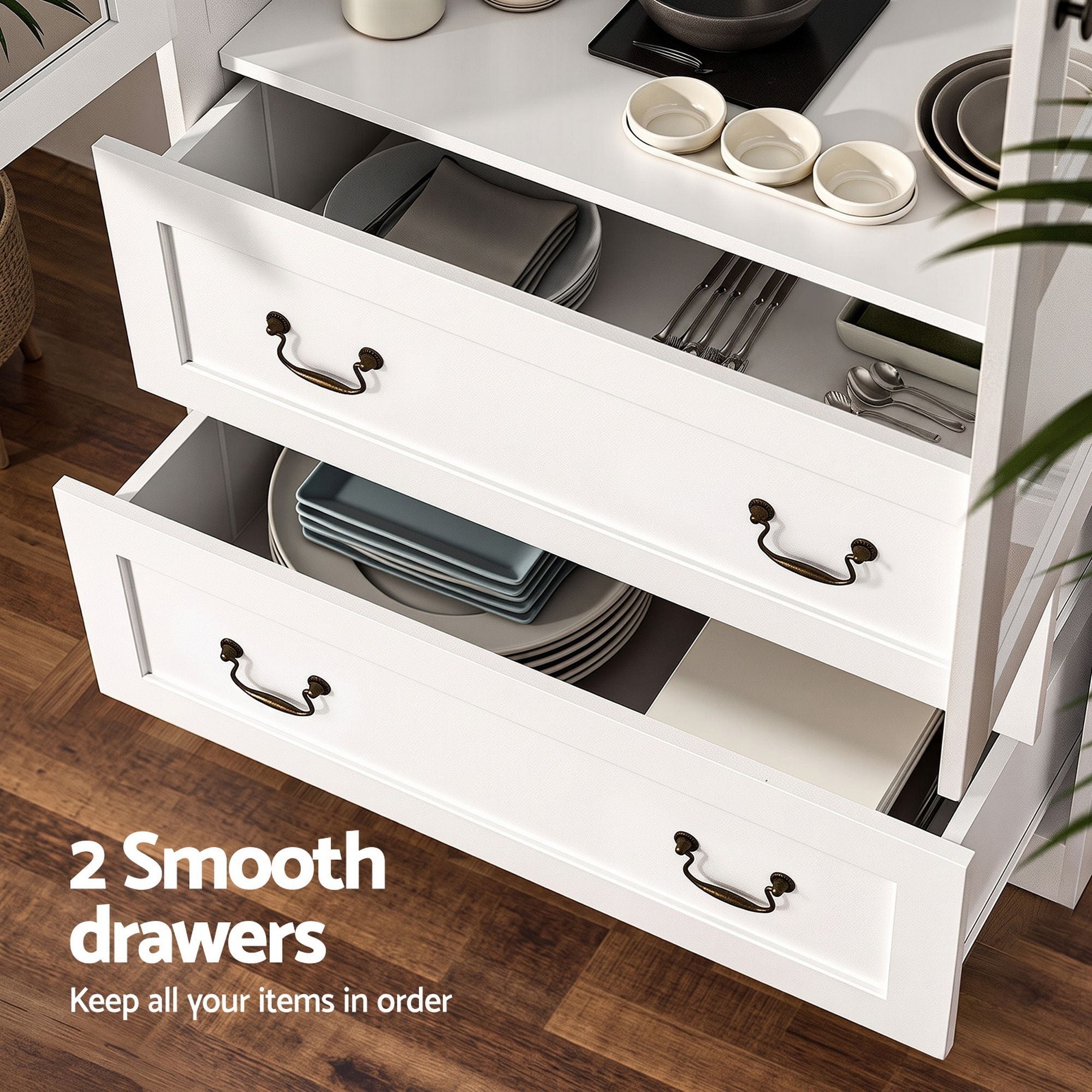 Buffet Sideboard Cabinets X2 180cm Hutch Storage Kitchen Clear Door White - Furniture > Bathroom > Sinks - Rivercity House & Home Co. (ABN 18 642 972 209) - Affordable Modern Furniture Australia