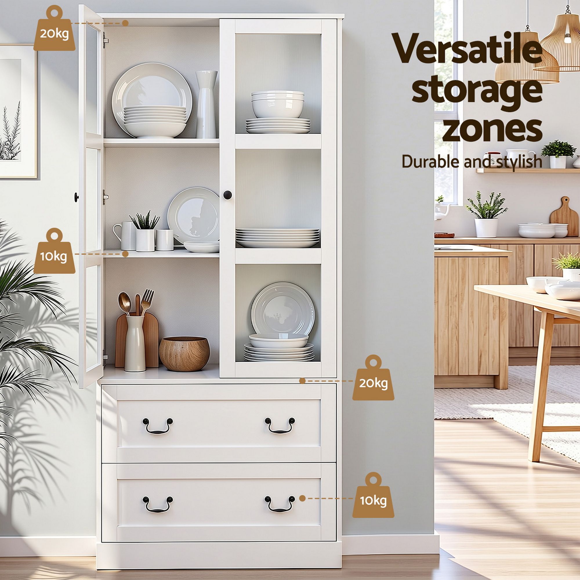 Buffet Sideboard Cabinets X2 180cm Hutch Storage Kitchen Clear Door White - Furniture > Bathroom > Sinks - Rivercity House & Home Co. (ABN 18 642 972 209) - Affordable Modern Furniture Australia