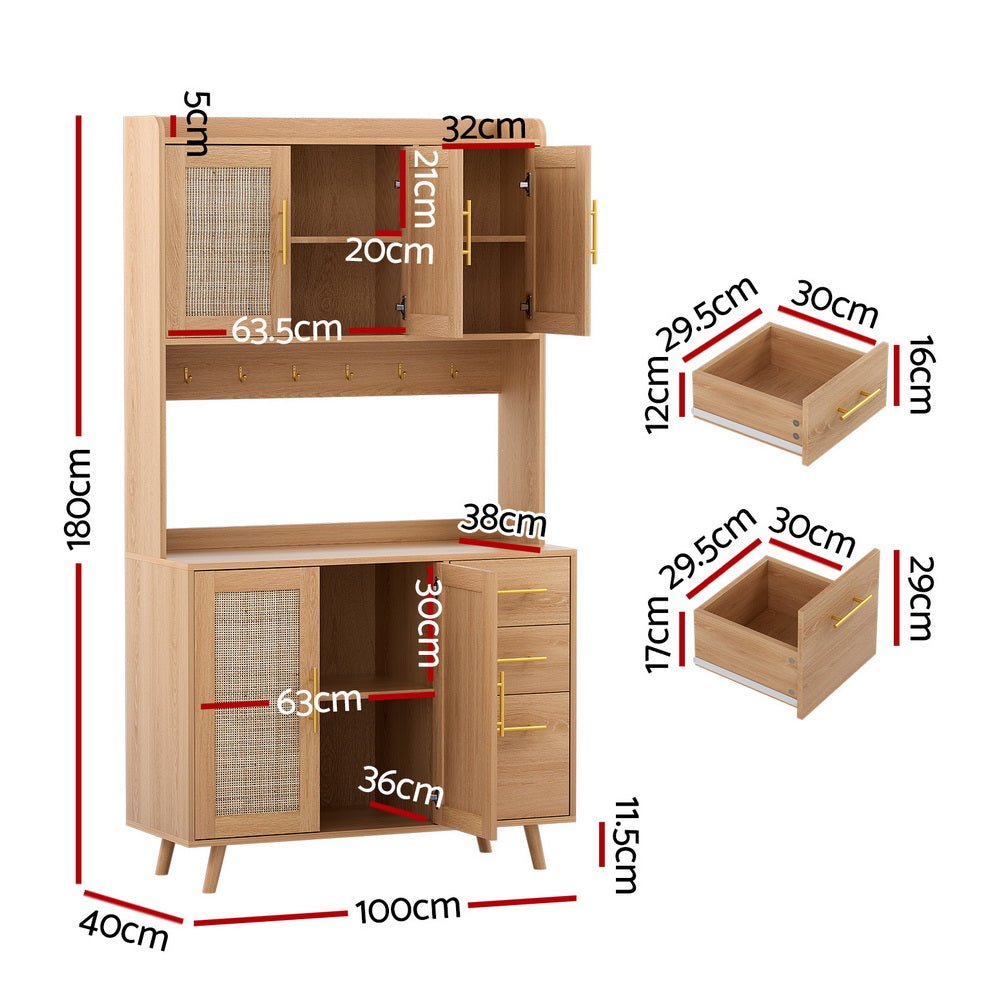 Buffet Sideboard Hutch Storage Cabinet Kitchen Cupboard Hooks Rattan Pine - Furniture > Dining > Buffets & Sideboards - Rivercity House & Home Co. (ABN 18 642 972 209) - Affordable Modern Furniture Australia