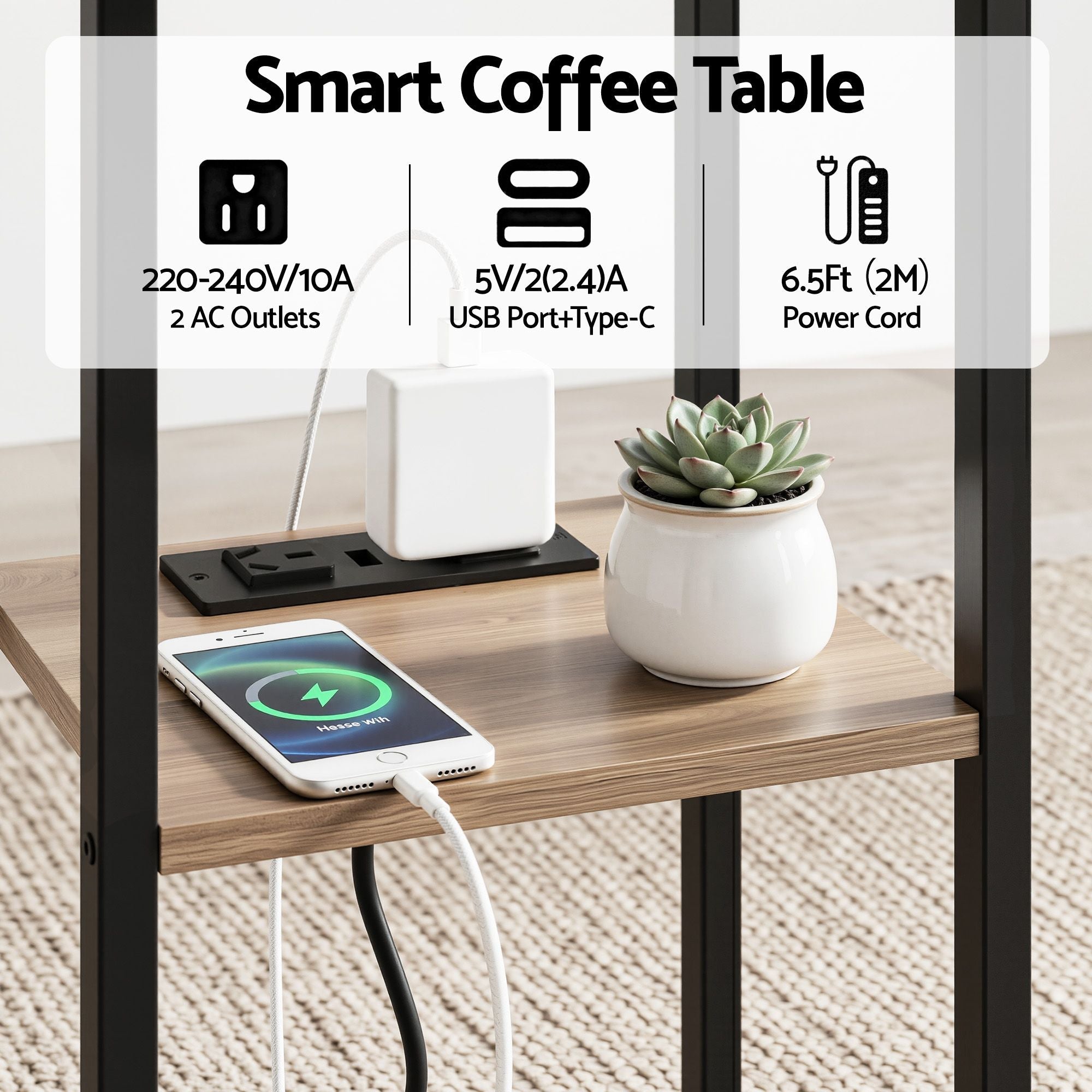C - Shaped End Table Charging Station 2 - Tier Side Coffee Table Bedside Wood - Furniture > Living Room > Coffee Tables - Rivercity House & Home Co. (ABN 18 642 972 209) - Affordable Modern Furniture Australia