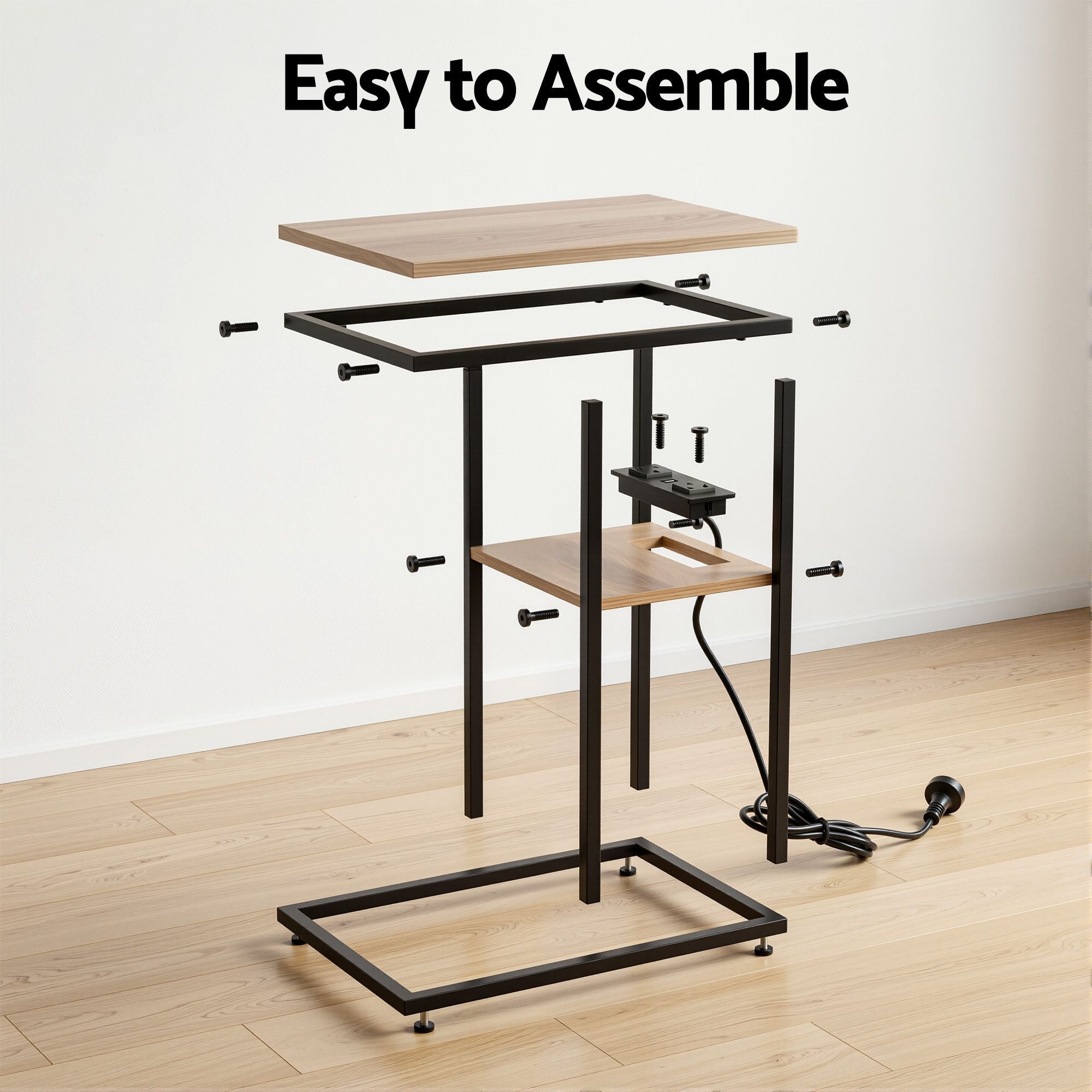 C - Shaped End Table Charging Station 2 - Tier Side Coffee Table Bedside Wood - Furniture > Living Room > Coffee Tables - Rivercity House & Home Co. (ABN 18 642 972 209) - Affordable Modern Furniture Australia