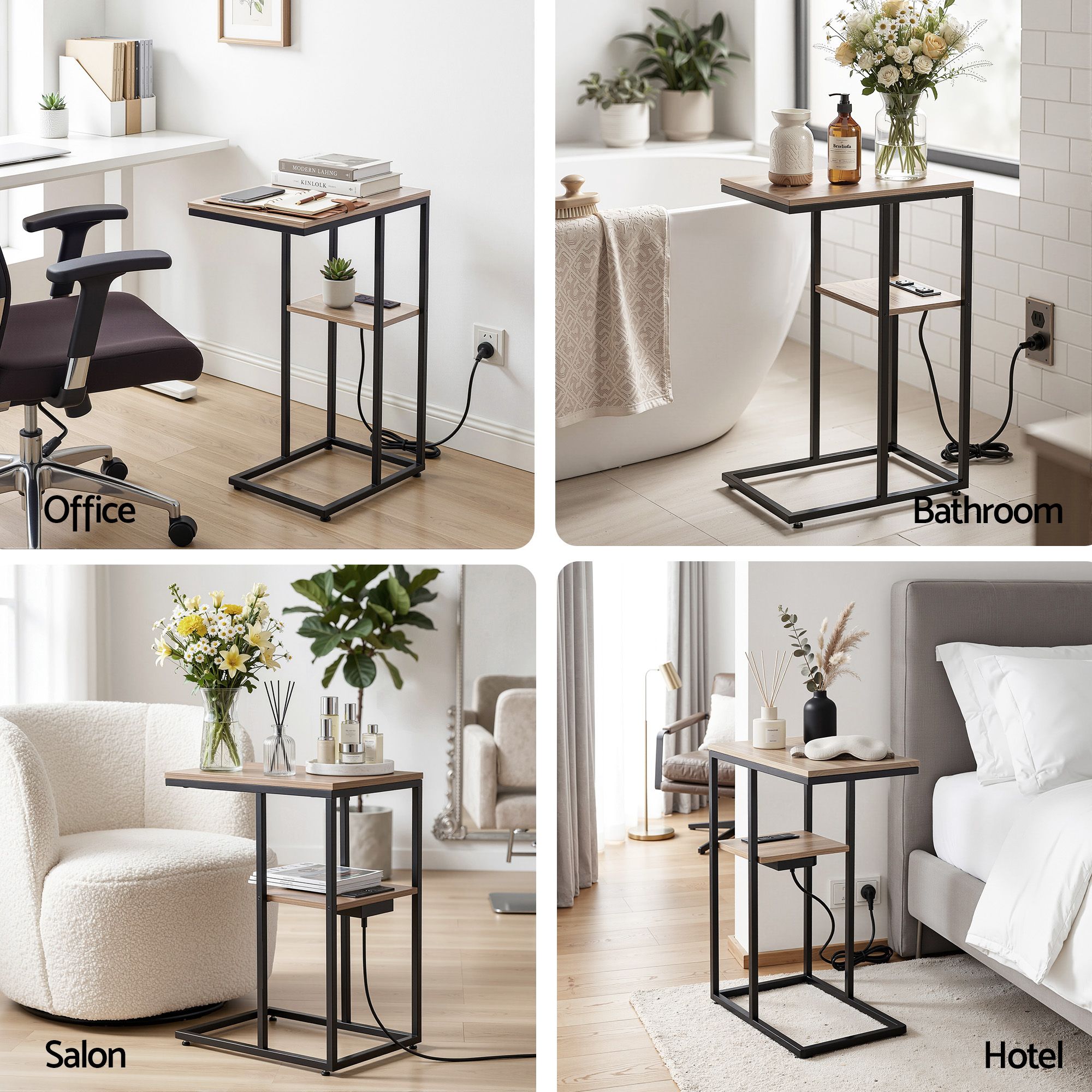 C - Shaped End Table Charging Station 2 - Tier Side Coffee Table Bedside Wood - Furniture > Living Room > Coffee Tables - Rivercity House & Home Co. (ABN 18 642 972 209) - Affordable Modern Furniture Australia