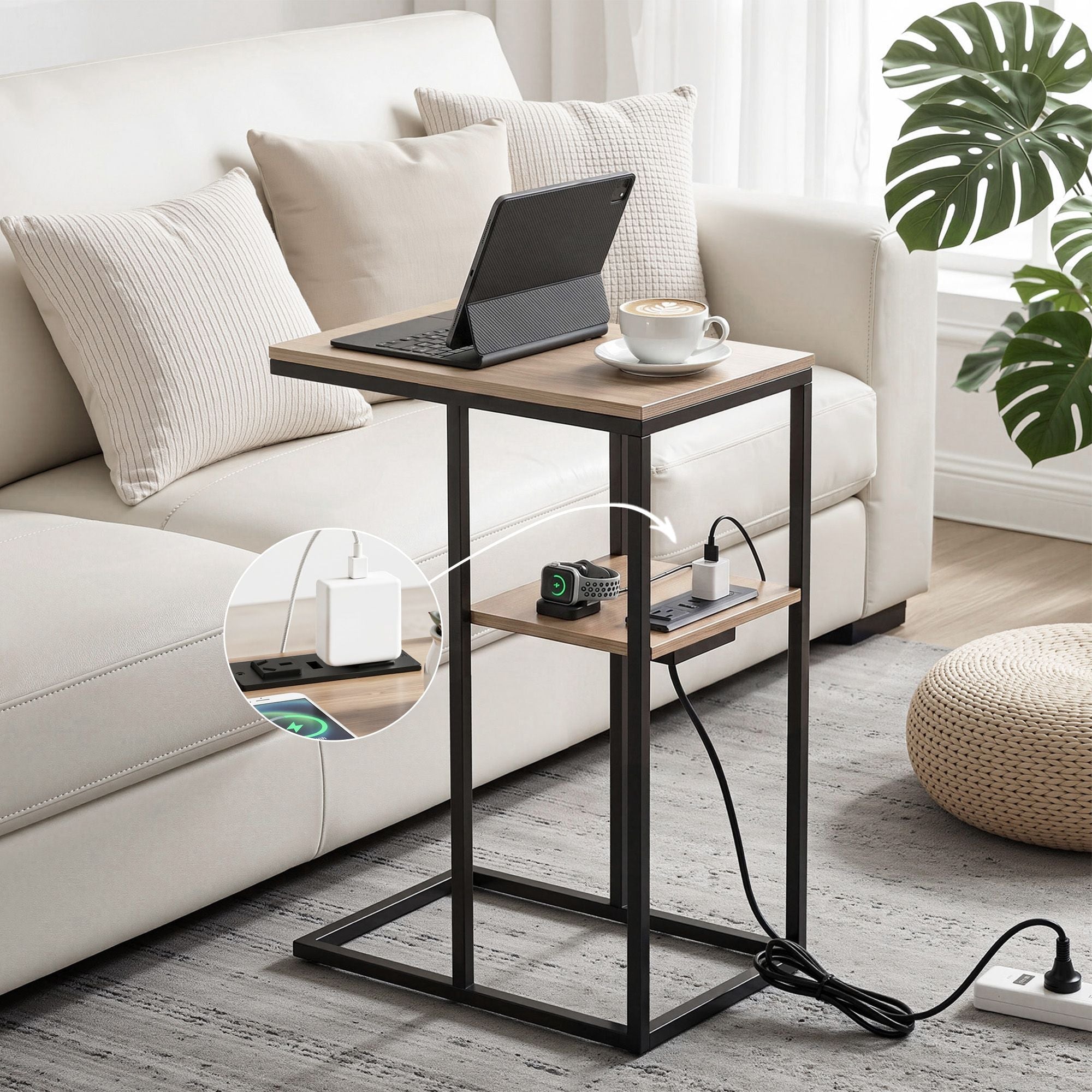 C - Shaped End Table Charging Station 2 - Tier Side Coffee Table Bedside Wood - Furniture > Living Room > Coffee Tables - Rivercity House & Home Co. (ABN 18 642 972 209) - Affordable Modern Furniture Australia
