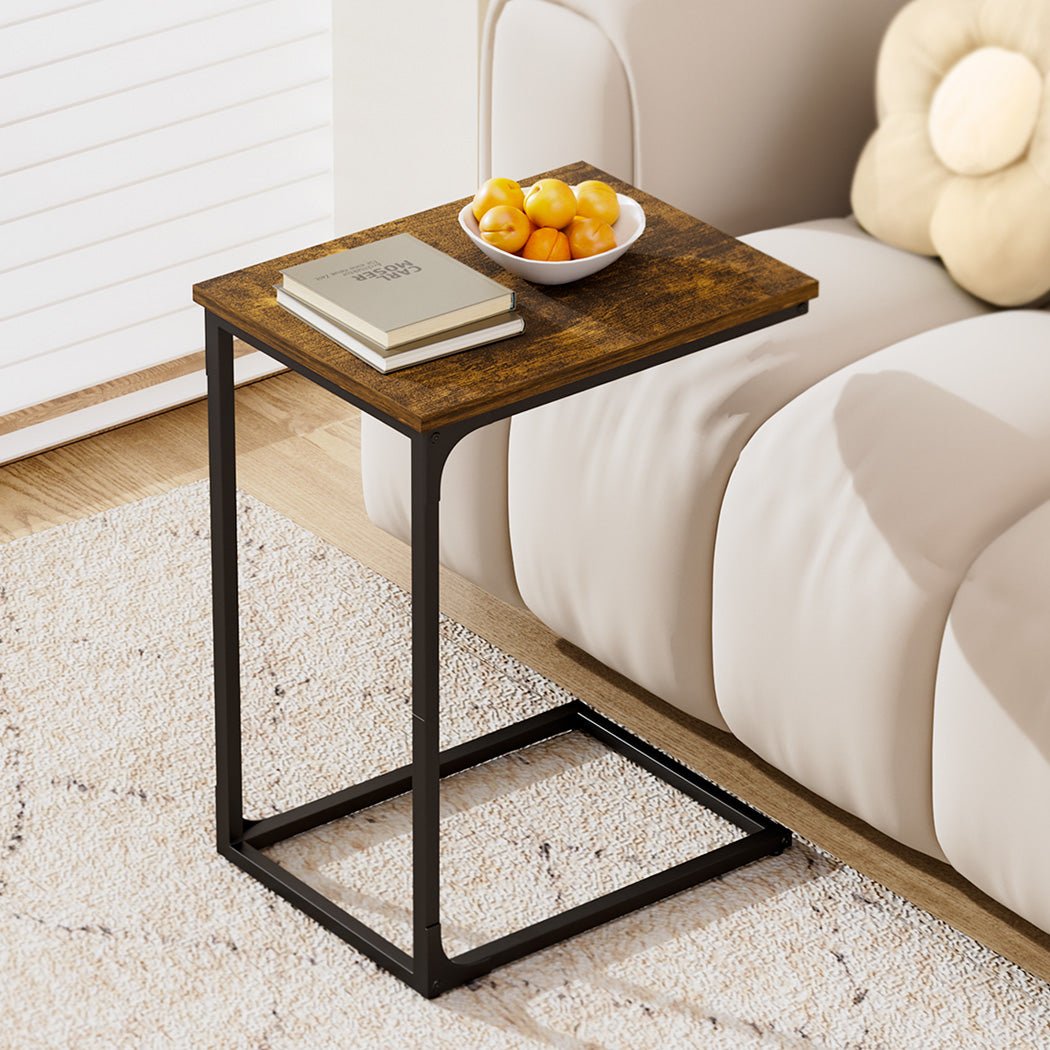 C - Shaped Industrial Side Sofa Coffee End Table with Wheels - Brown and Black - Rivercity House & Home Co. (ABN 18 642 972 209) - Affordable Modern Furniture Australia
