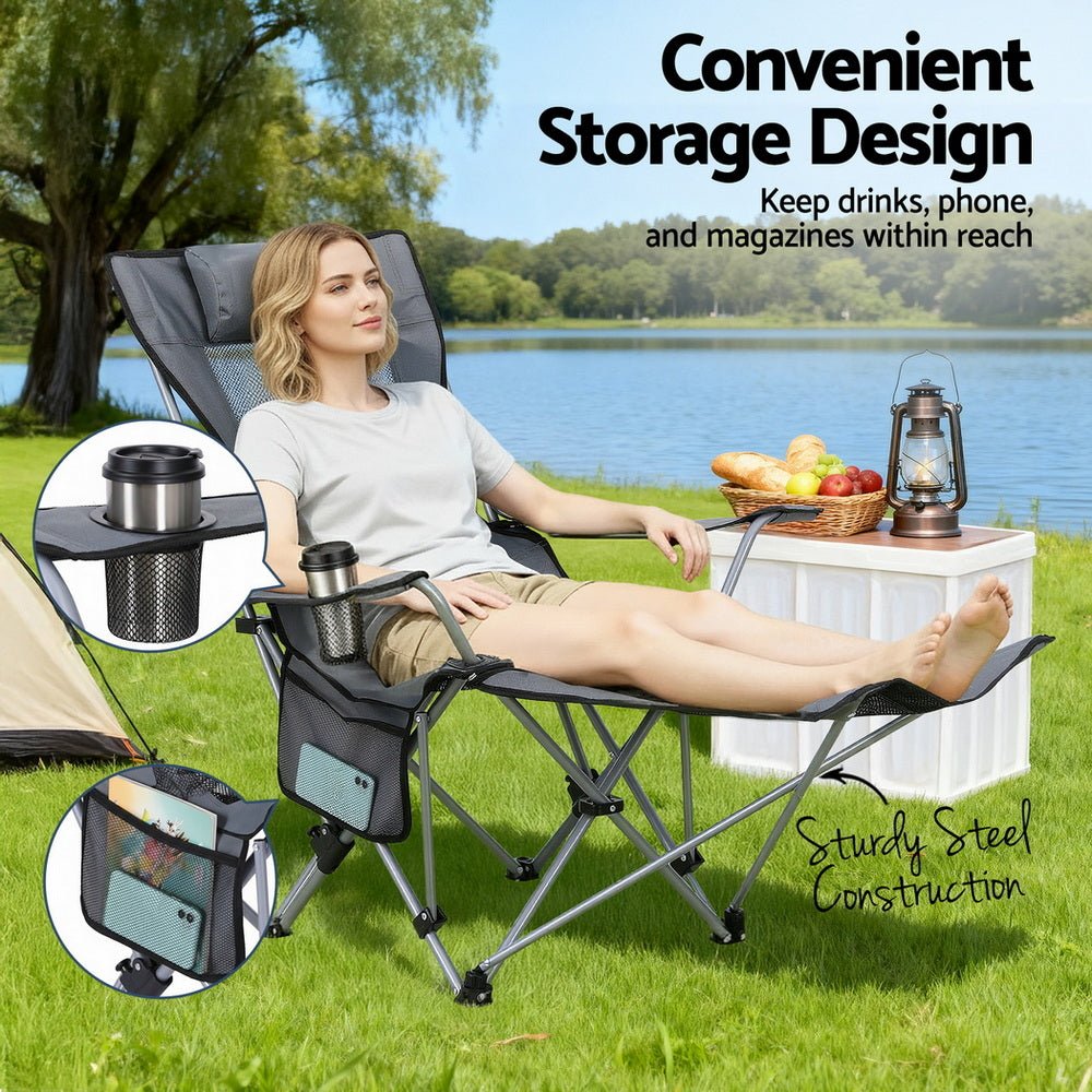 Camping Chair Adjustable Reclining Portable Outdoor Folding Chair Grey - Furniture > Outdoor > Outdoor Chairs - Rivercity House & Home Co. (ABN 18 642 972 209) - Affordable Modern Furniture Australia