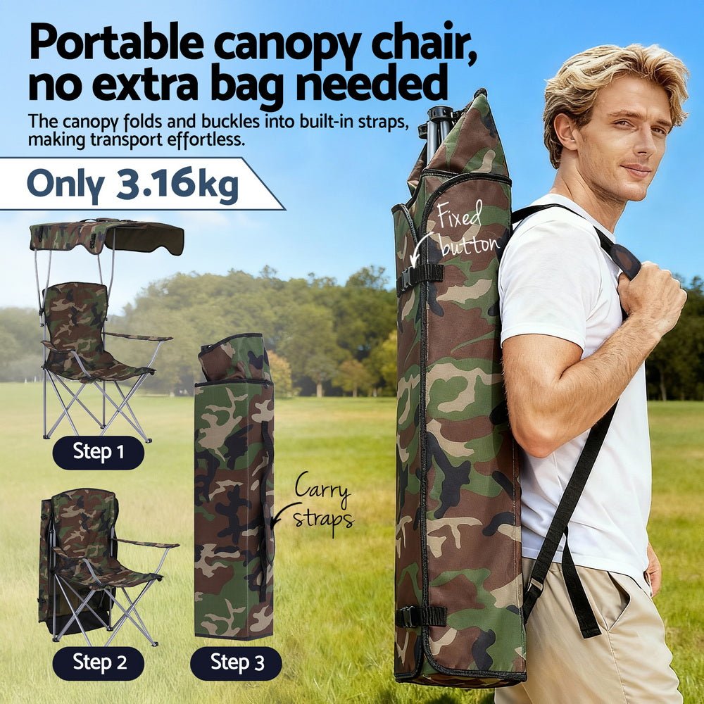 Camping Chair With Canopy Folding Outdoor Portable Seat Lightweight Beach Picnic Fishing Capacity 120KG Army Green - Furniture > Outdoor > Outdoor Chairs - Rivercity House & Home Co. (ABN 18 642 972 209) - Affordable Modern Furniture Australia