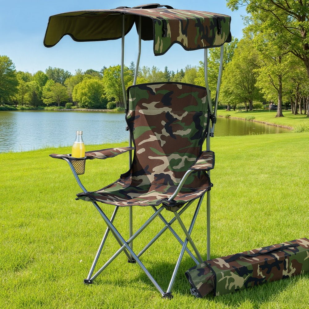 Camping Chair With Canopy Folding Outdoor Portable Seat Lightweight Beach Picnic Fishing Capacity 120KG Army Green - Furniture > Outdoor > Outdoor Chairs - Rivercity House & Home Co. (ABN 18 642 972 209) - Affordable Modern Furniture Australia