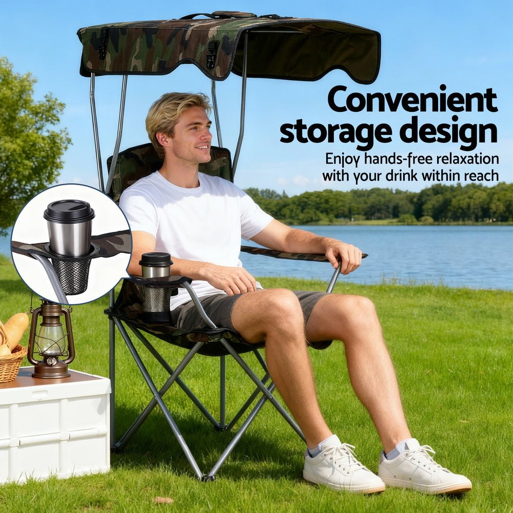 Camping Chair With Canopy Folding Outdoor Portable Seat Lightweight Beach Picnic Fishing Capacity 120KG Army Green - Furniture > Outdoor > Outdoor Chairs - Rivercity House & Home Co. (ABN 18 642 972 209) - Affordable Modern Furniture Australia