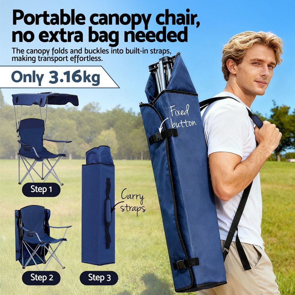Camping Chair With Canopy Folding Outdoor Portable Seat Lightweight Beach Picnic Fishing Capacity 120KG Navy Blue - Furniture > Outdoor > Outdoor Chairs - Rivercity House & Home Co. (ABN 18 642 972 209) - Affordable Modern Furniture Australia
