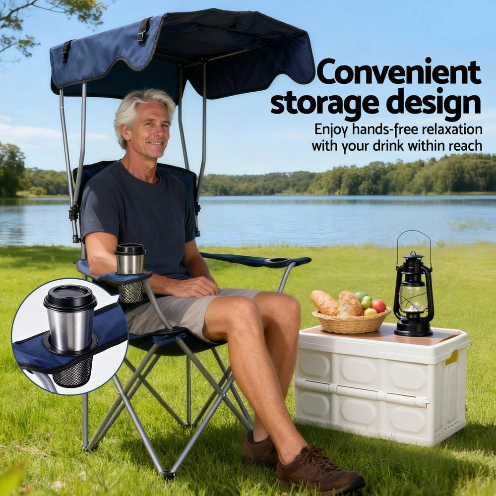 Camping Chair With Canopy Folding Outdoor Portable Seat Lightweight Beach Picnic Fishing Capacity 120KG Navy Blue - Furniture > Outdoor > Outdoor Chairs - Rivercity House & Home Co. (ABN 18 642 972 209) - Affordable Modern Furniture Australia