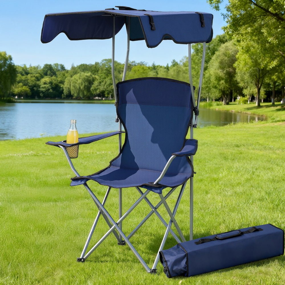 Camping Chair With Canopy Folding Outdoor Portable Seat Lightweight Beach Picnic Fishing Capacity 120KG Navy Blue - Furniture > Outdoor > Outdoor Chairs - Rivercity House & Home Co. (ABN 18 642 972 209) - Affordable Modern Furniture Australia