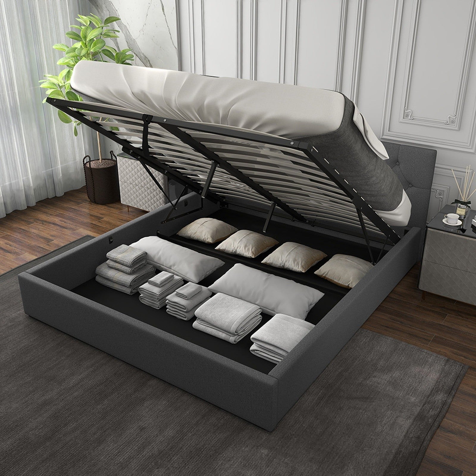 Capri Double Gas Lift Bed with Tufted Headboard - Grey No.28 - Rivercity House & Home Co. (ABN 18 642 972 209) - Affordable Modern Furniture Australia