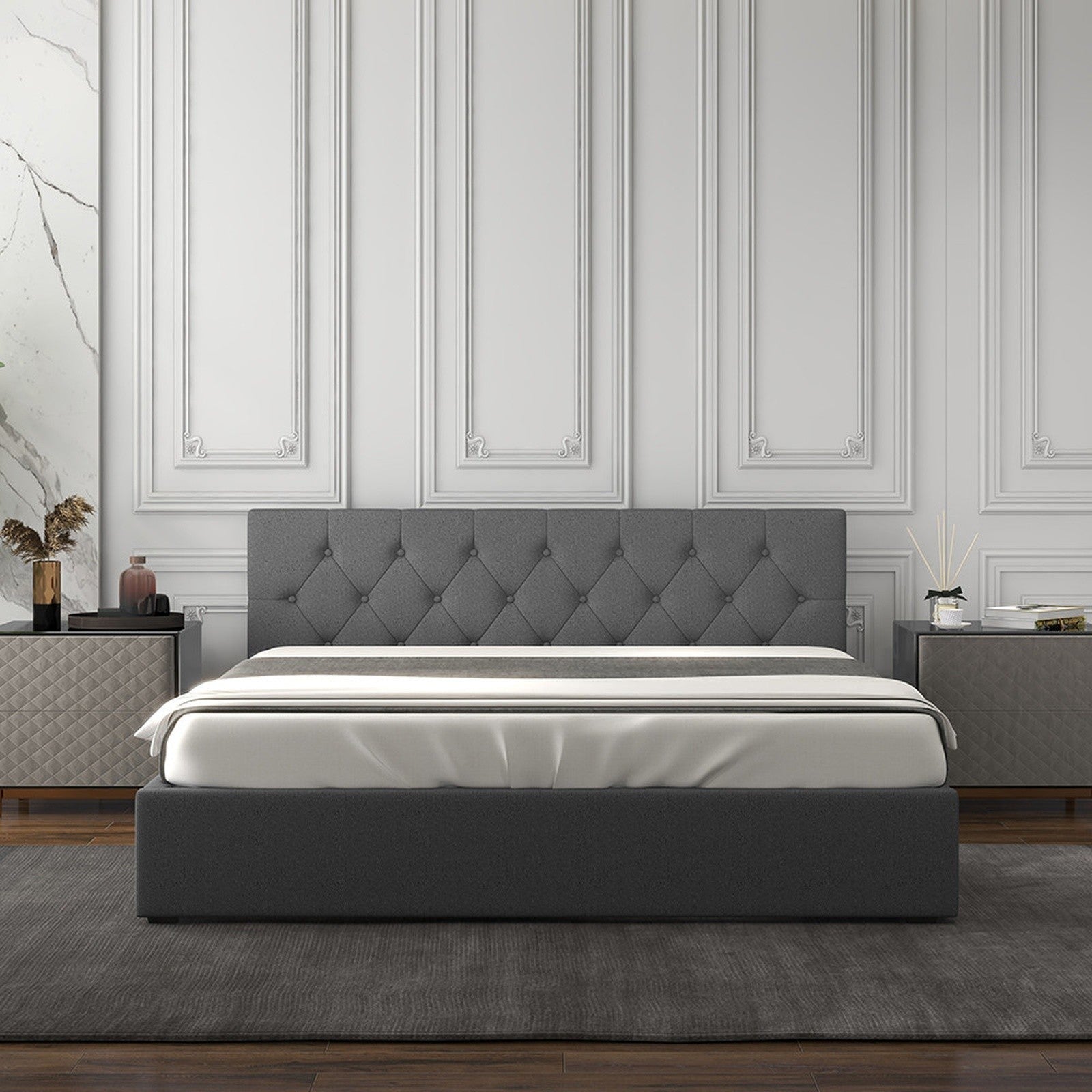 Capri Single Gas Lift Bed Frame with Tufted Headboard - Grey No.28 - Rivercity House & Home Co. (ABN 18 642 972 209) - Affordable Modern Furniture Australia
