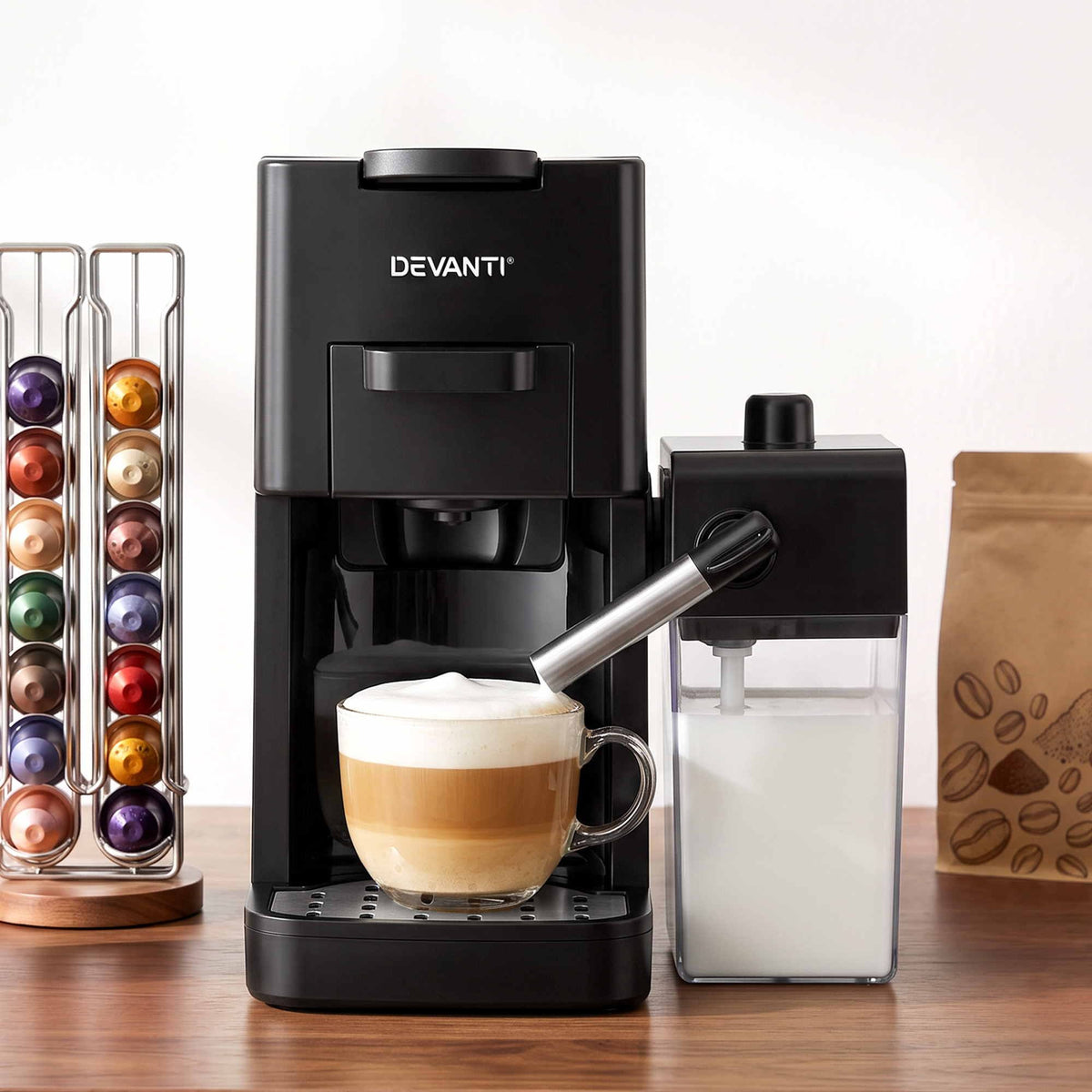 Capsule Coffee Pod Machine with Milk Frother - Black - Appliances > Kitchen Appliances > Coffee Machines & Accessories - Rivercity House & Home Co. (ABN 18 642 972 209) - Affordable Modern Furniture Australia