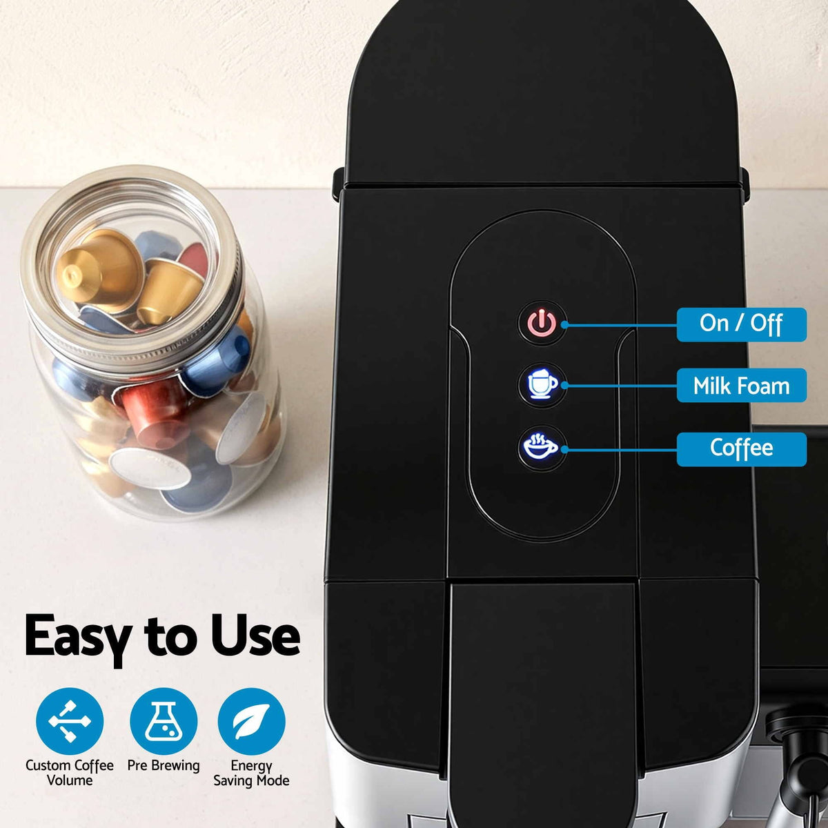 Capsule Coffee Pod Machine with Milk Frother - Black - Appliances > Kitchen Appliances > Coffee Machines & Accessories - Rivercity House & Home Co. (ABN 18 642 972 209) - Affordable Modern Furniture Australia