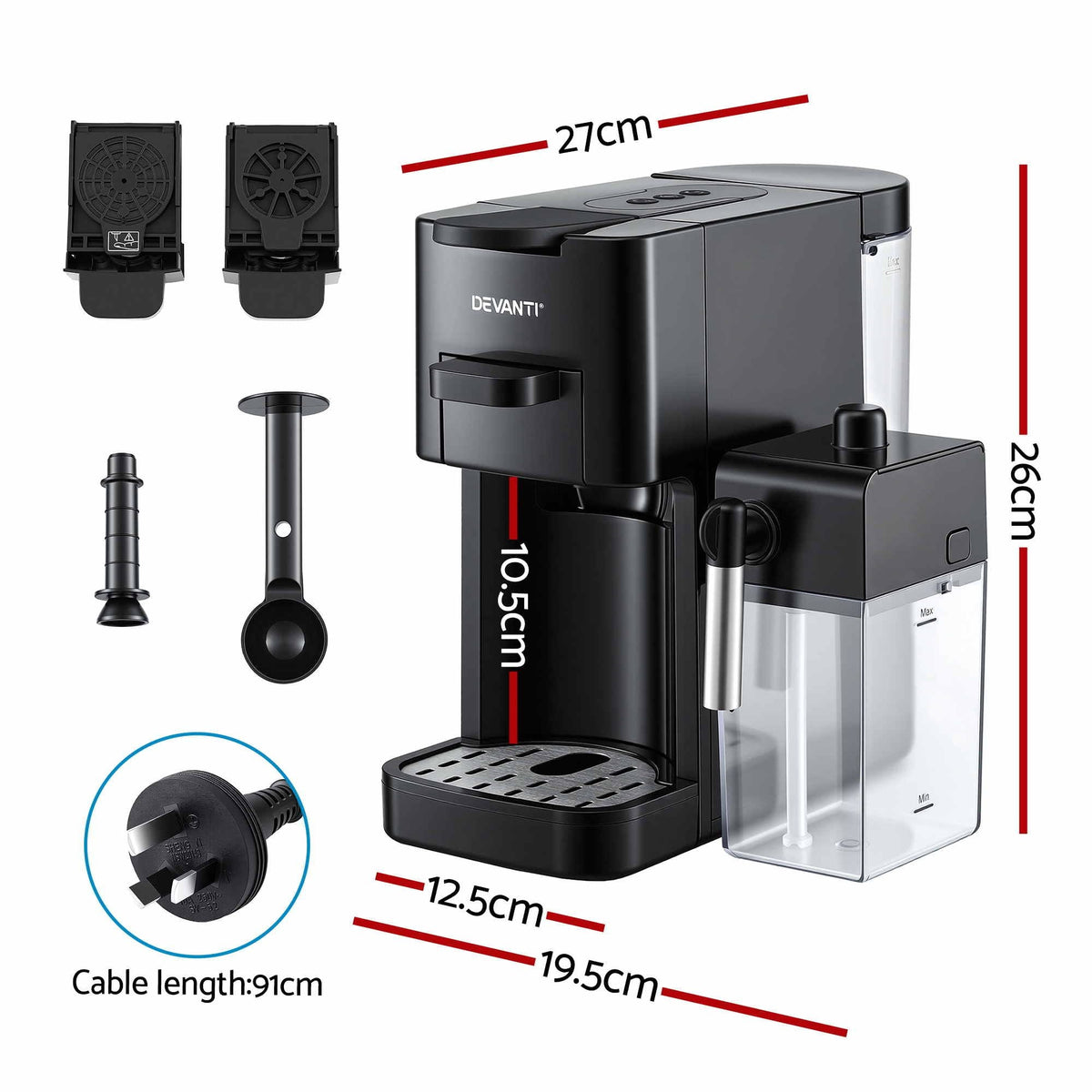 Capsule Coffee Pod Machine with Milk Frother - Black - Appliances > Kitchen Appliances > Coffee Machines & Accessories - Rivercity House & Home Co. (ABN 18 642 972 209) - Affordable Modern Furniture Australia