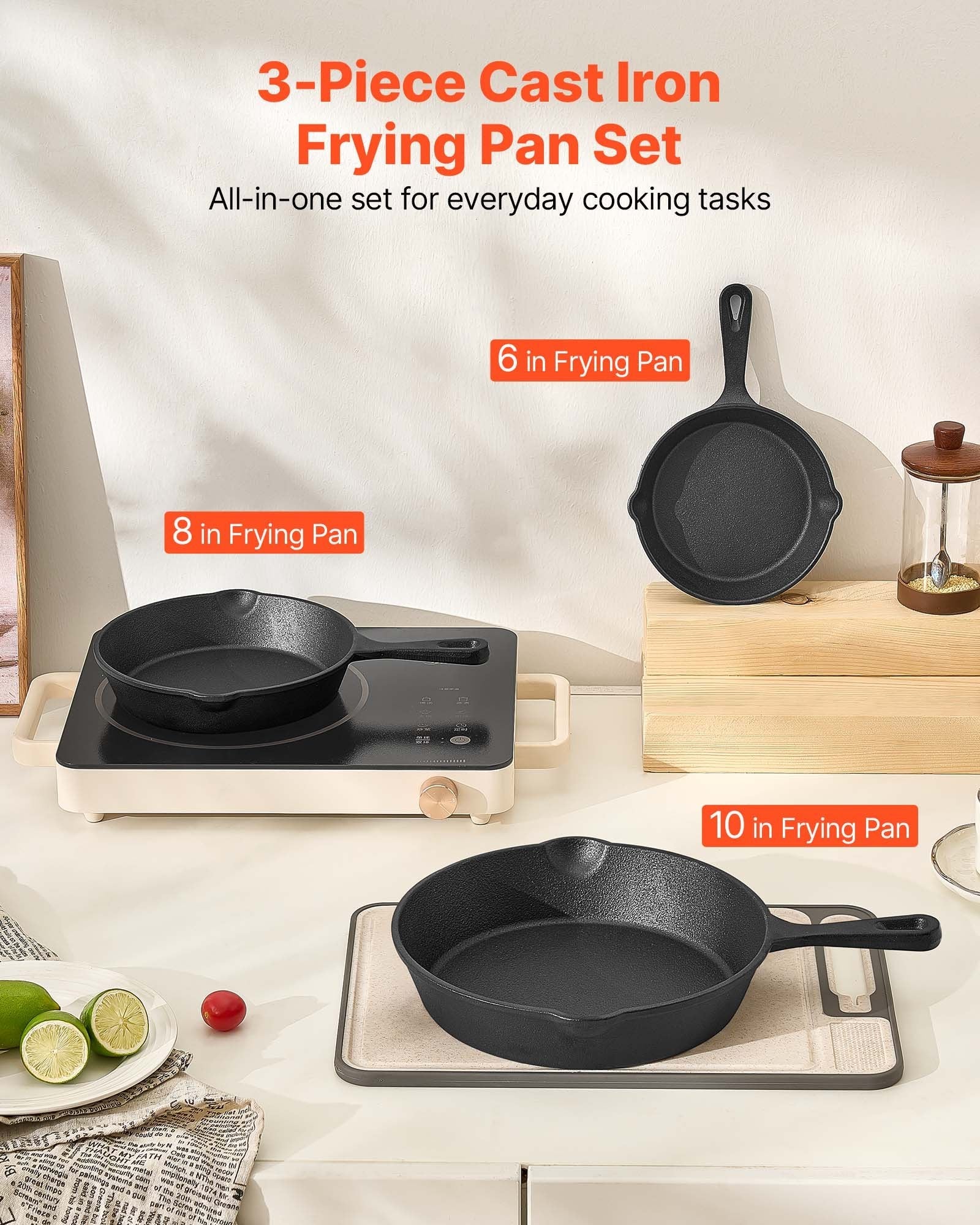 Cast Iron Skillet, 3 Pcs Frying Pan Set (160, 220, 265 mm), Heavy - Duty Skillets with Heat - Resistant Handle, Pre - Seasoned Chef's Pan, Kitchen Cookware, for Oven, Gas, Electrical, Induction, Black - Home & Garden > Kitchenware > Skillets & Frying Pans - Rivercity House & Home Co. (ABN 18 642 972 209) - Affordable Modern Furniture Australia