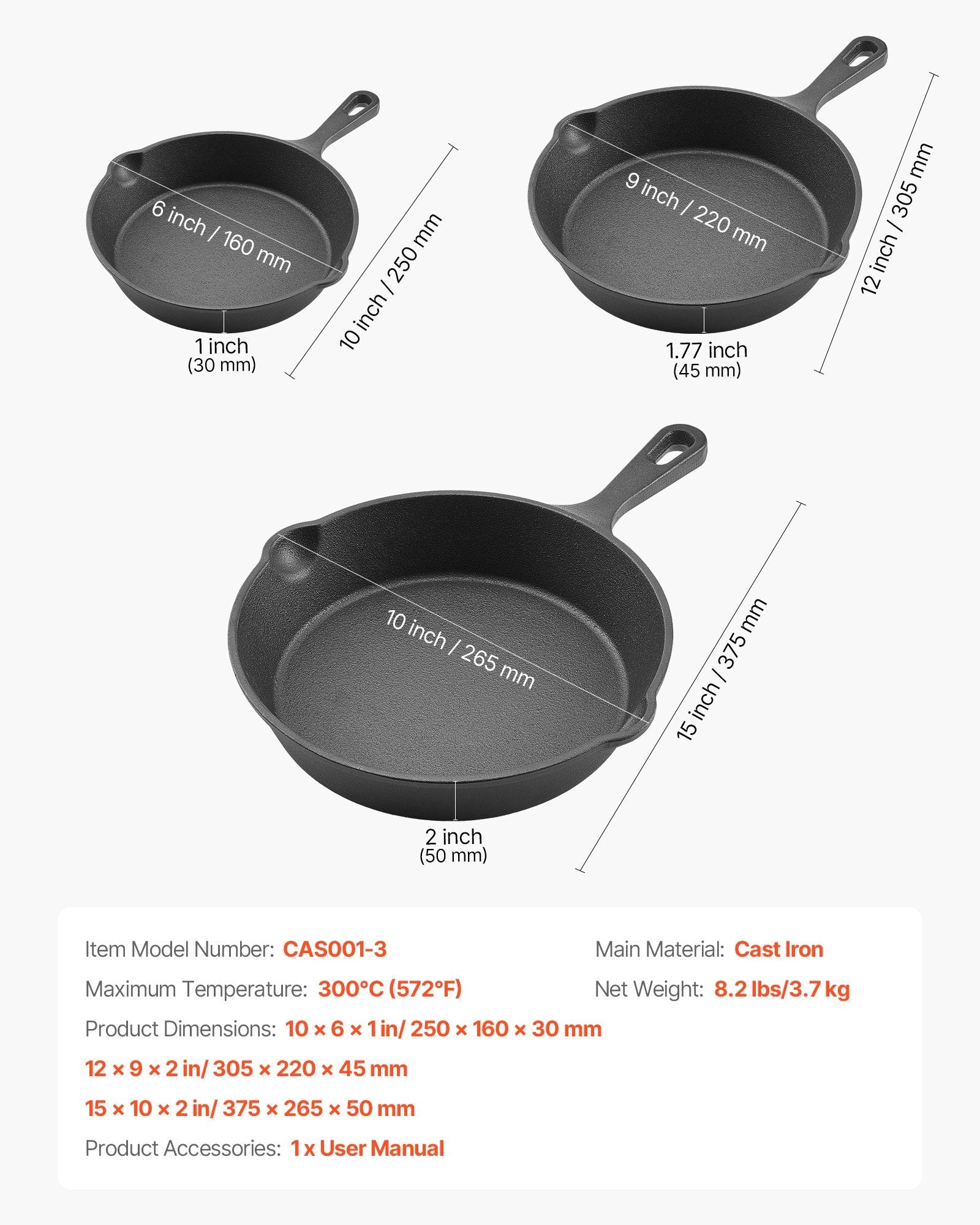 Cast Iron Skillet, 3 Pcs Frying Pan Set (160, 220, 265 mm), Heavy - Duty Skillets with Heat - Resistant Handle, Pre - Seasoned Chef's Pan, Kitchen Cookware, for Oven, Gas, Electrical, Induction, Black - Home & Garden > Kitchenware > Skillets & Frying Pans - Rivercity House & Home Co. (ABN 18 642 972 209) - Affordable Modern Furniture Australia