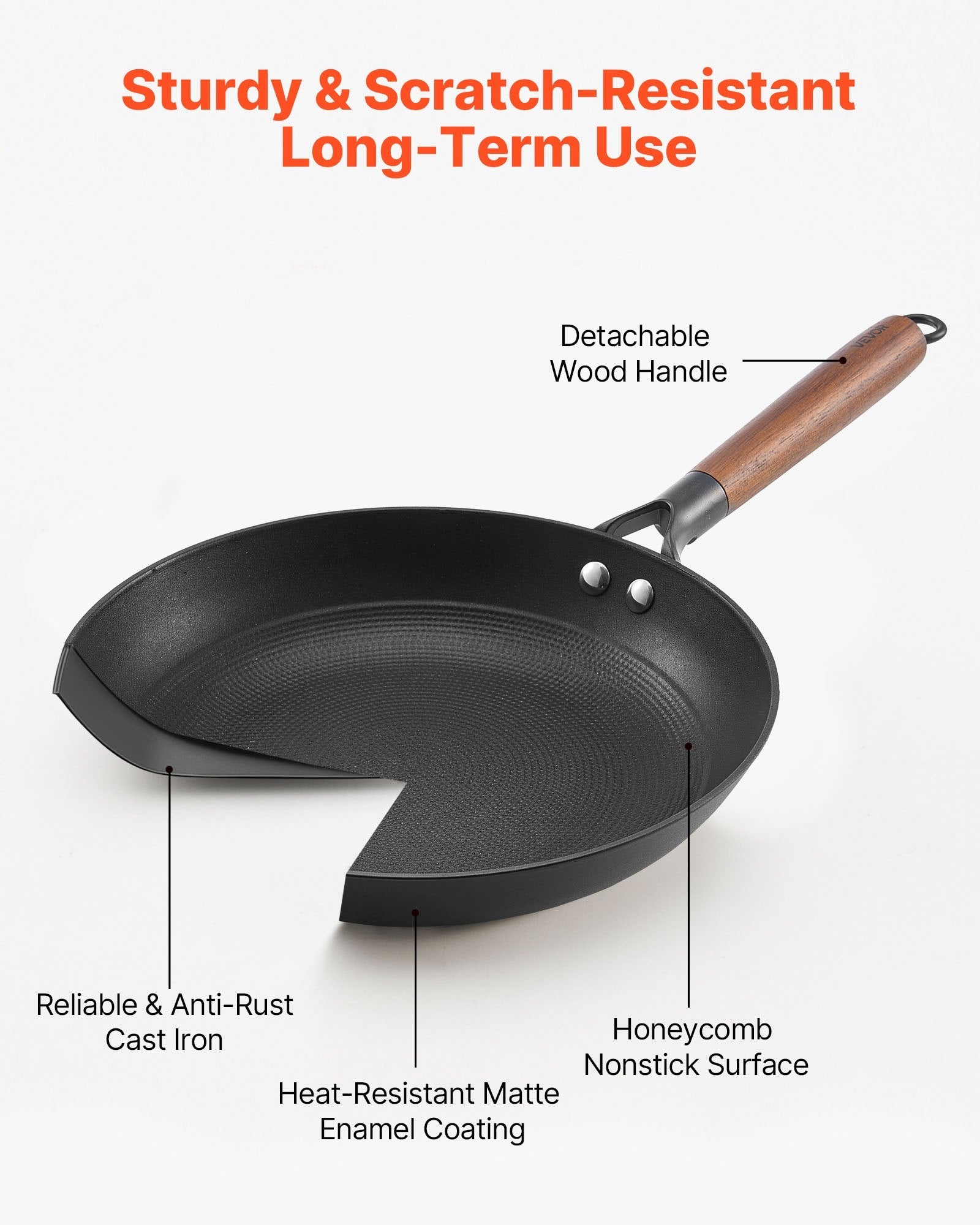 Cast Iron Skillet, 3 - Piece Frying Pan Set (205, 265, 310 mm), Nonstick Skillets with Detachable Wood Handle, Pre - Seasoned Chef's Pan, Kitchen Cookware for Gas, Electrical, and Induction, Black - Home & Garden > Kitchenware > Skillets & Frying Pans - Rivercity House & Home Co. (ABN 18 642 972 209) - Affordable Modern Furniture Australia