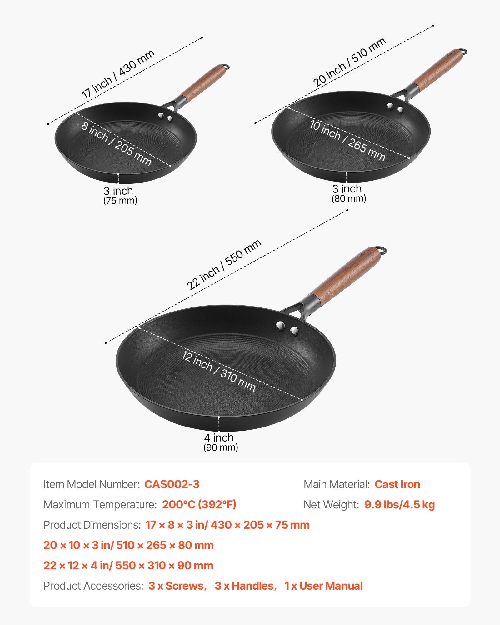 Cast Iron Skillet, 3 - Piece Frying Pan Set (205, 265, 310 mm), Nonstick Skillets with Detachable Wood Handle, Pre - Seasoned Chef's Pan, Kitchen Cookware for Gas, Electrical, and Induction, Black - Home & Garden > Kitchenware > Skillets & Frying Pans - Rivercity House & Home Co. (ABN 18 642 972 209) - Affordable Modern Furniture Australia