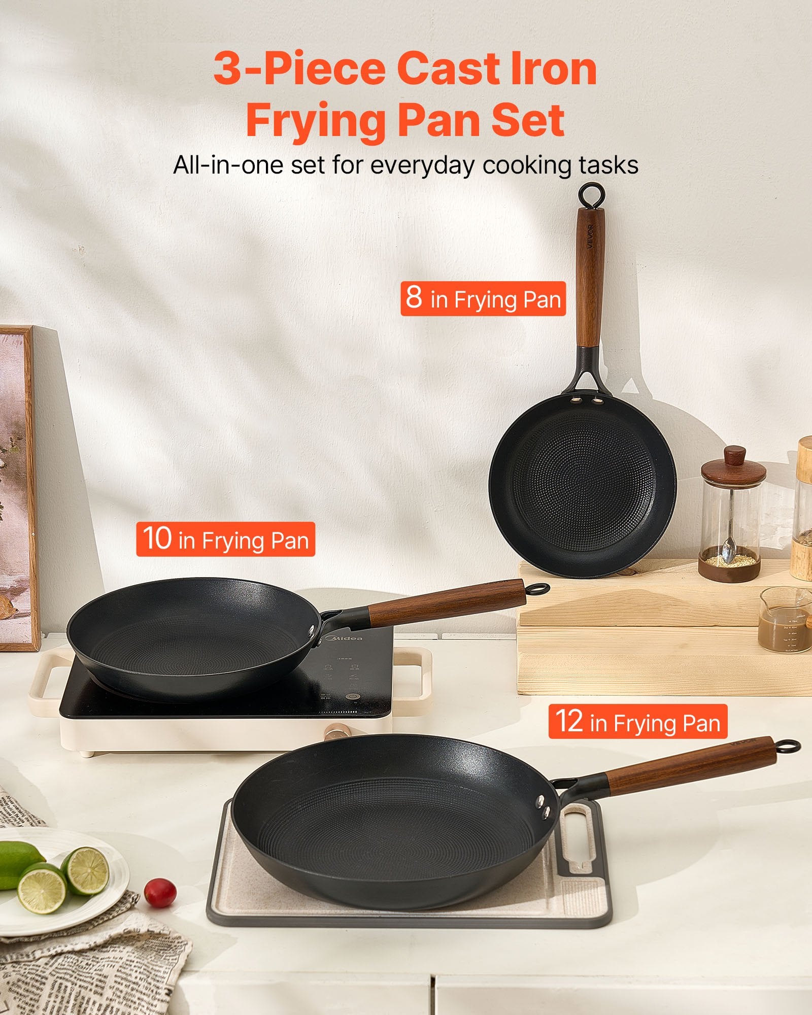 Cast Iron Skillet, 3 - Piece Frying Pan Set (205, 265, 310 mm), Nonstick Skillets with Detachable Wood Handle, Pre - Seasoned Chef's Pan, Kitchen Cookware for Gas, Electrical, and Induction, Black - Home & Garden > Kitchenware > Skillets & Frying Pans - Rivercity House & Home Co. (ABN 18 642 972 209) - Affordable Modern Furniture Australia