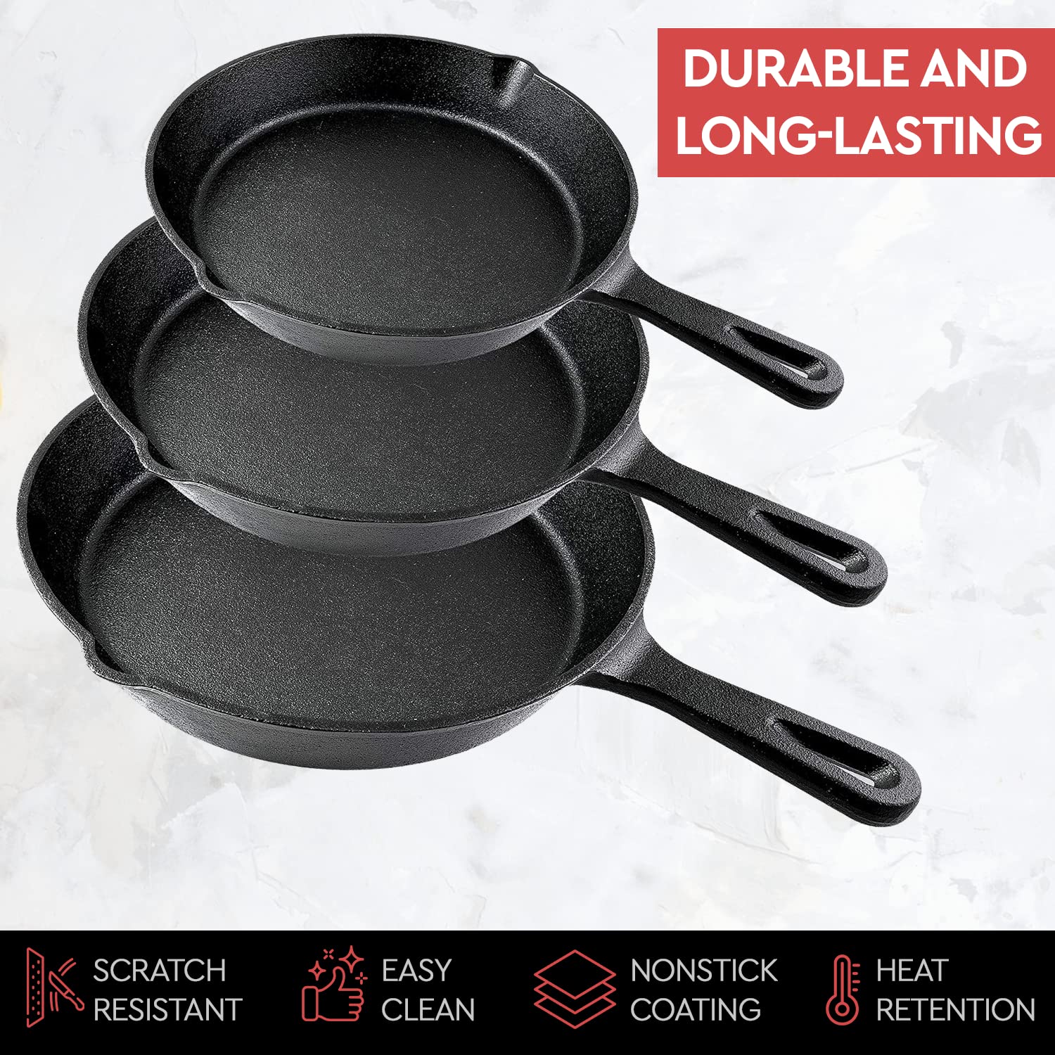 Cast Iron Skillet Cookware 3 - Piece Set Chef Quality Pre - Seasoned Pan 10" 8" 6" Pans - Home & Garden > Kitchenware > Skillets & Frying Pans - Rivercity House & Home Co. (ABN 18 642 972 209) - Affordable Modern Furniture Australia