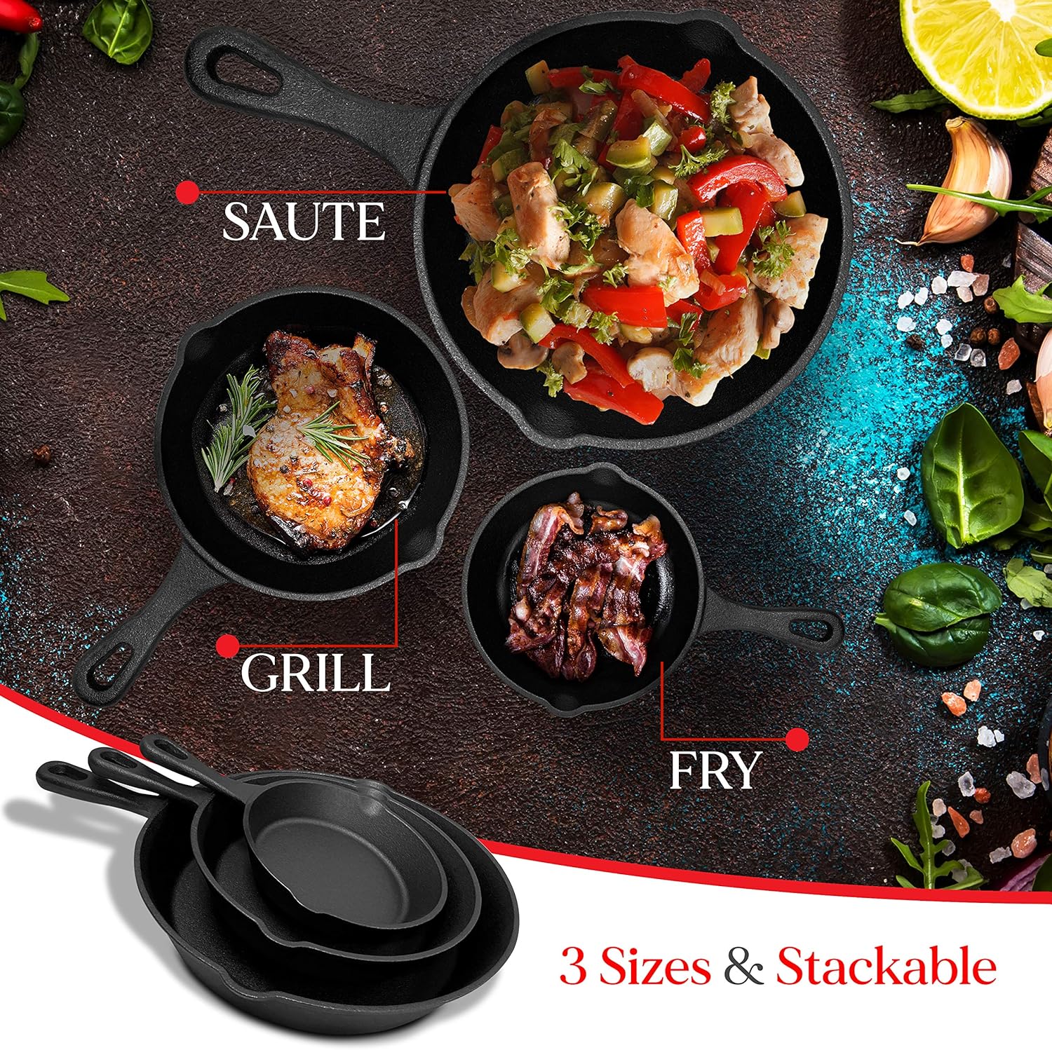 Cast Iron Skillet Cookware 3 - Piece Set Chef Quality Pre - Seasoned Pan 10" 8" 6" Pans - Home & Garden > Kitchenware > Skillets & Frying Pans - Rivercity House & Home Co. (ABN 18 642 972 209) - Affordable Modern Furniture Australia