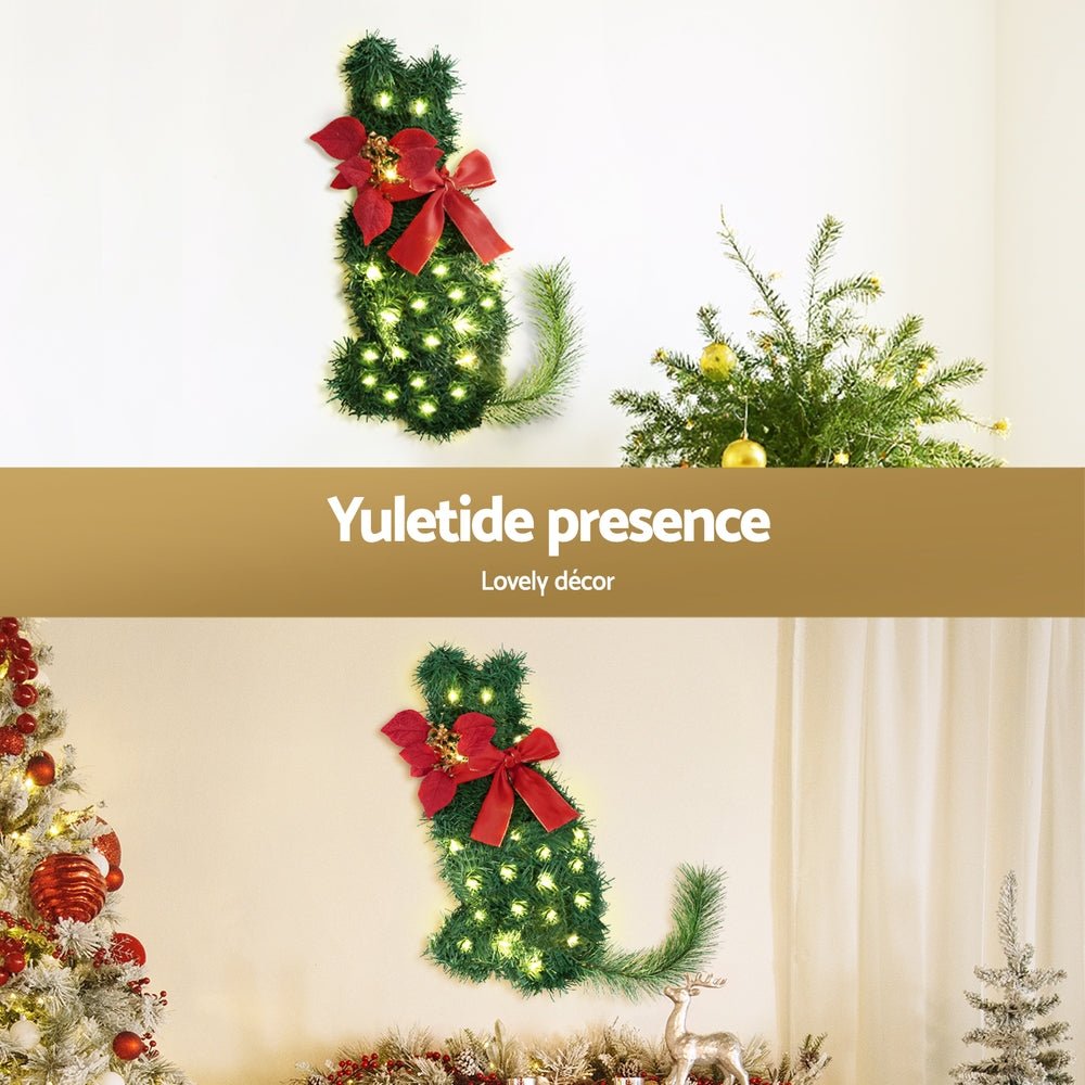Cat Christmas Wreath Pre-lit 20 LED Xmas Decor Bow Flower 35x30cm - Occasions > Christmas > Christmas Wreaths & Garlands - Rivercity House & Home Co. (ABN 18 642 972 209) - Affordable Modern Furniture Australia