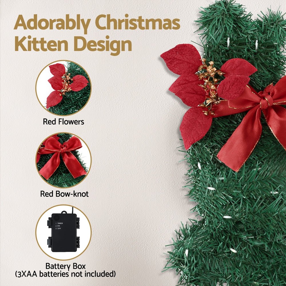 Cat Christmas Wreath Pre-lit 20 LED Xmas Decor Bow Flower 35x30cm - Occasions > Christmas > Christmas Wreaths & Garlands - Rivercity House & Home Co. (ABN 18 642 972 209) - Affordable Modern Furniture Australia