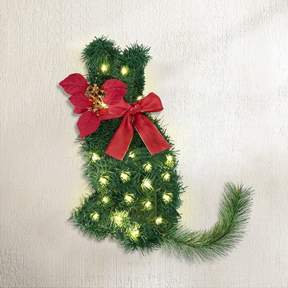 Cat Christmas Wreath Pre-lit 20 LED Xmas Decor Bow Flower 35x30cm - Occasions > Christmas > Christmas Wreaths & Garlands - Rivercity House & Home Co. (ABN 18 642 972 209) - Affordable Modern Furniture Australia