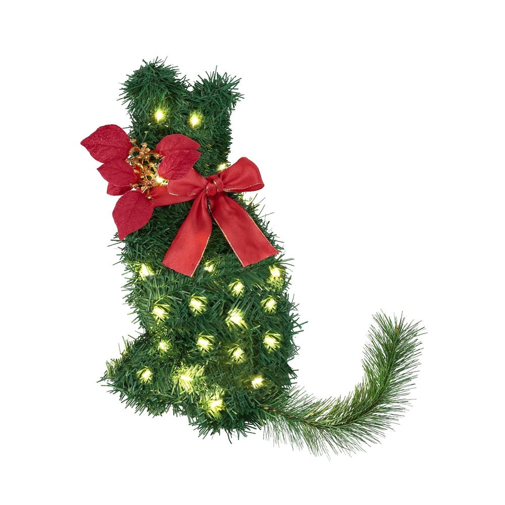 Cat Christmas Wreath Pre-lit 20 LED Xmas Decor Bow Flower 35x30cm - Occasions > Christmas > Christmas Wreaths & Garlands - Rivercity House & Home Co. (ABN 18 642 972 209) - Affordable Modern Furniture Australia