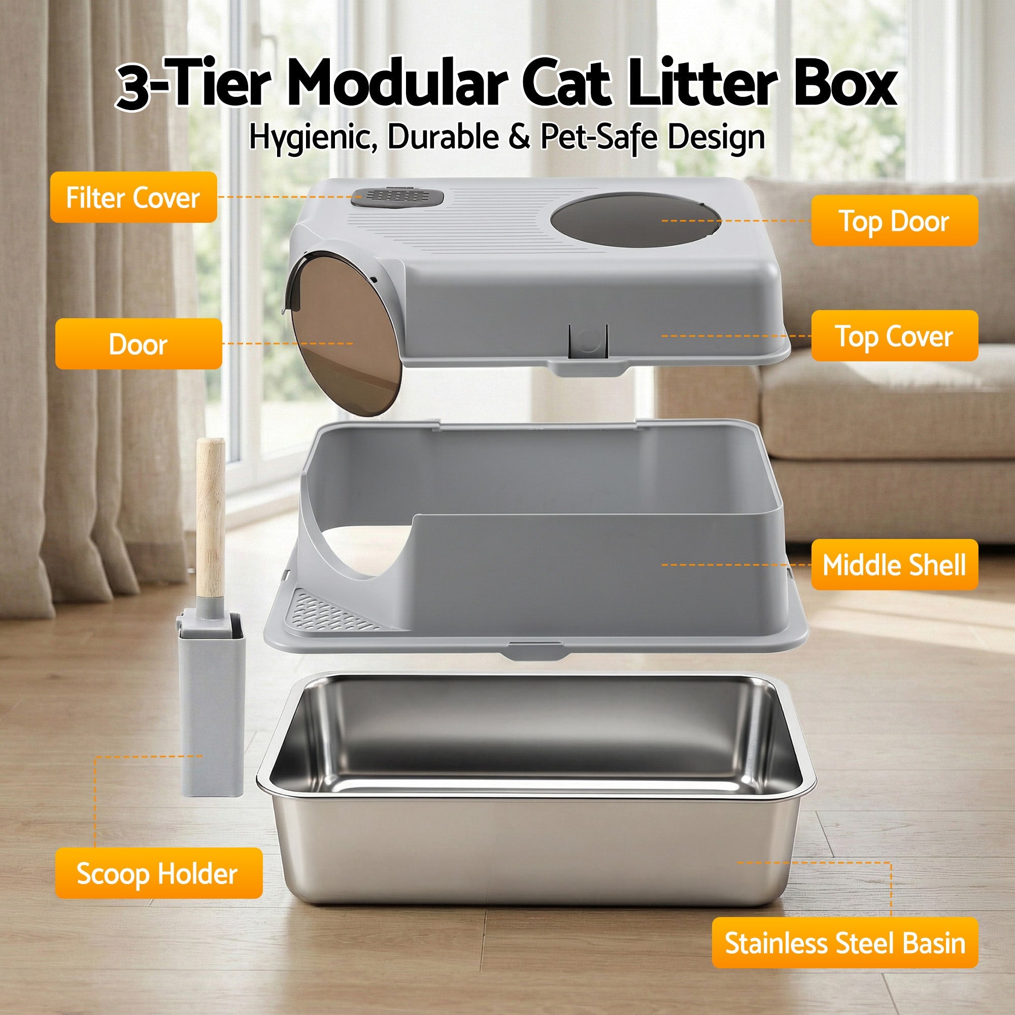 Cat Litter Box Large Stainless Steel High Sided Pet Toilet Odour Control - Pet Care > Cat Supplies > Cat Litter - Rivercity House & Home Co. (ABN 18 642 972 209) - Affordable Modern Furniture Australia