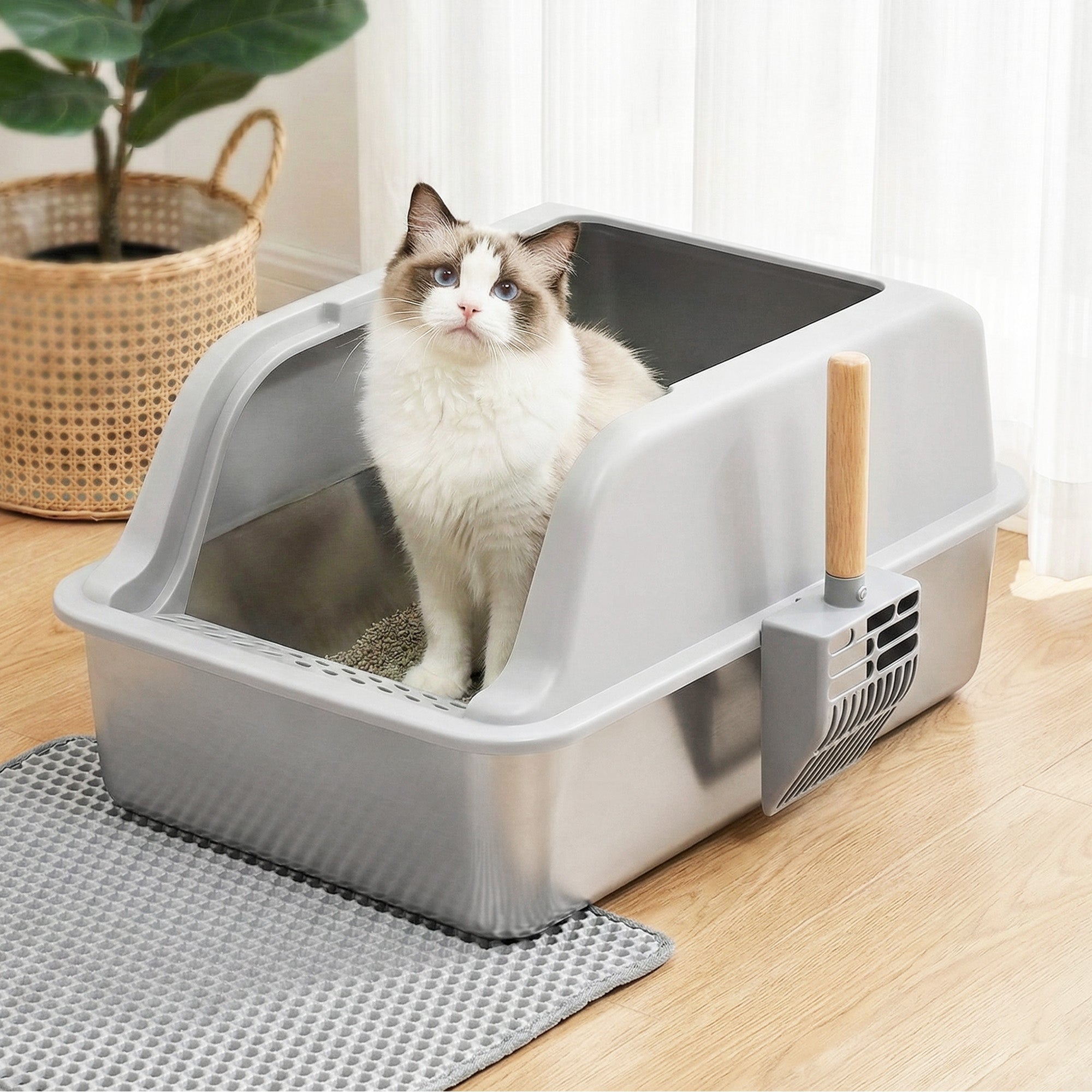 Cat Litter Box Stainless Steel Large Semi - Enclosed Pet Kitty Toilet Grey - Pet Care > Cat Supplies > Cat Litter - Rivercity House & Home Co. (ABN 18 642 972 209) - Affordable Modern Furniture Australia