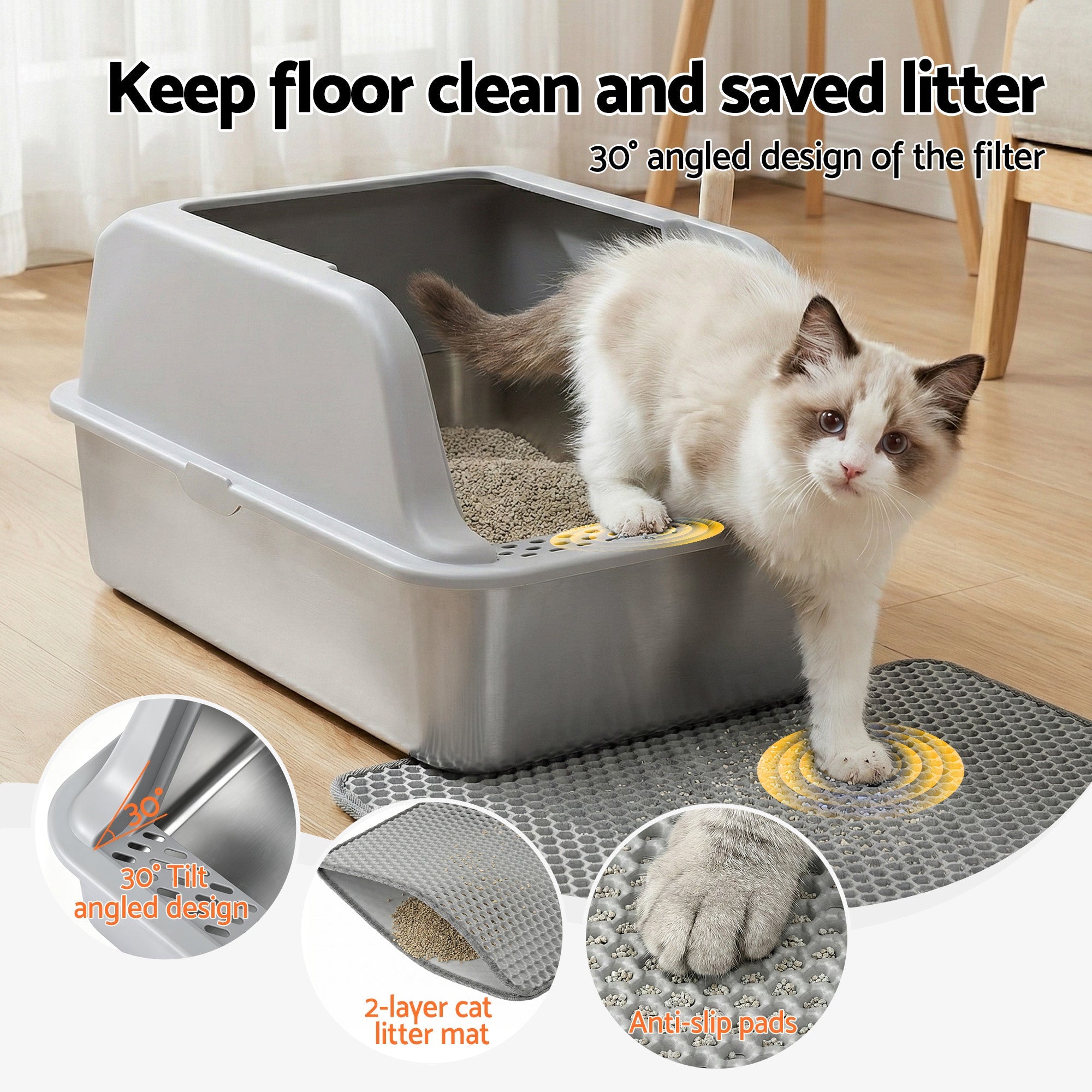 Cat Litter Box Stainless Steel Large Semi - Enclosed Pet Kitty Toilet Grey - Pet Care > Cat Supplies > Cat Litter - Rivercity House & Home Co. (ABN 18 642 972 209) - Affordable Modern Furniture Australia