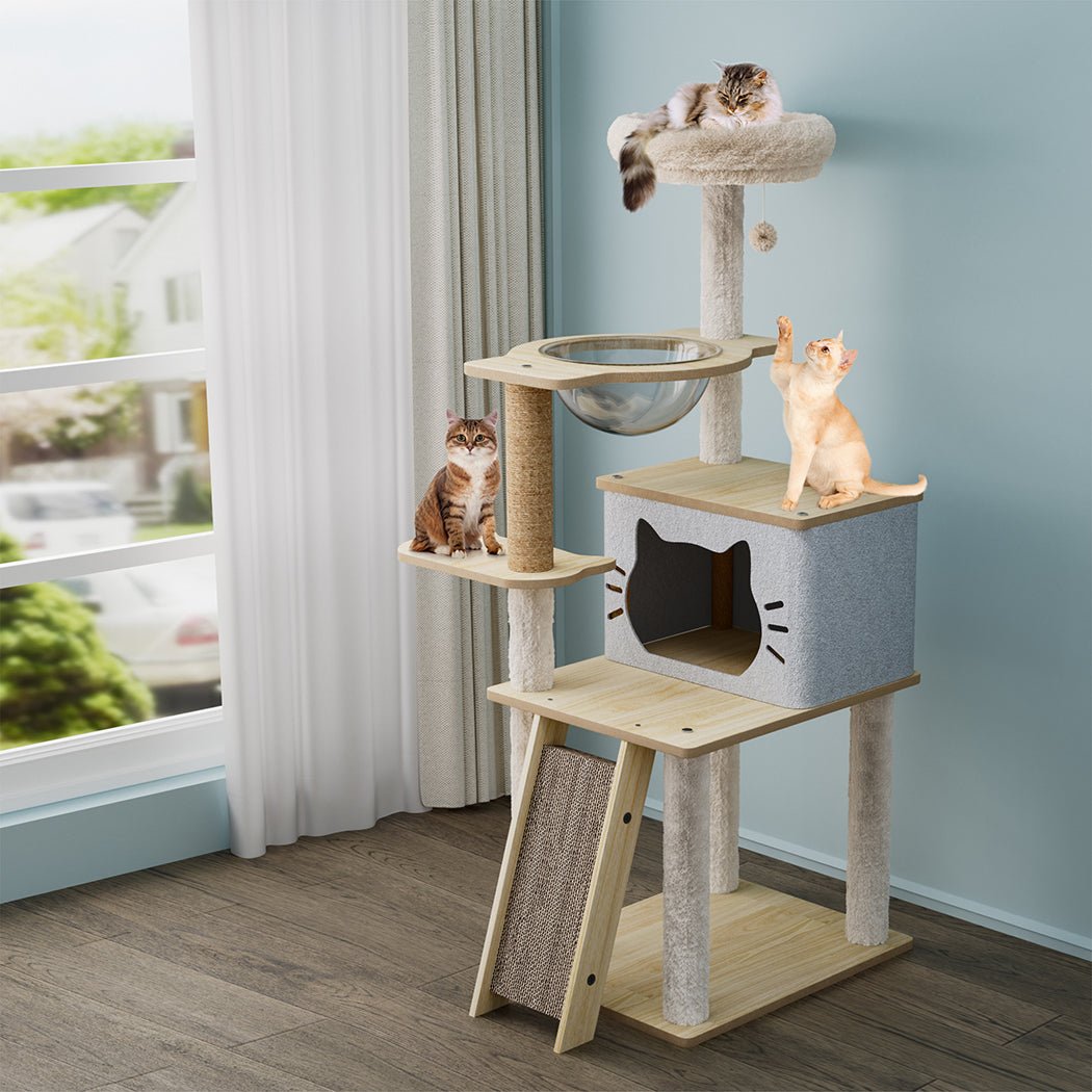 Cat Tree Tower 120cm Wood Condo Scratcher with Capsule Bed - Beige - Rivercity House & Home Co. (ABN 18 642 972 209) - Affordable Modern Furniture Australia