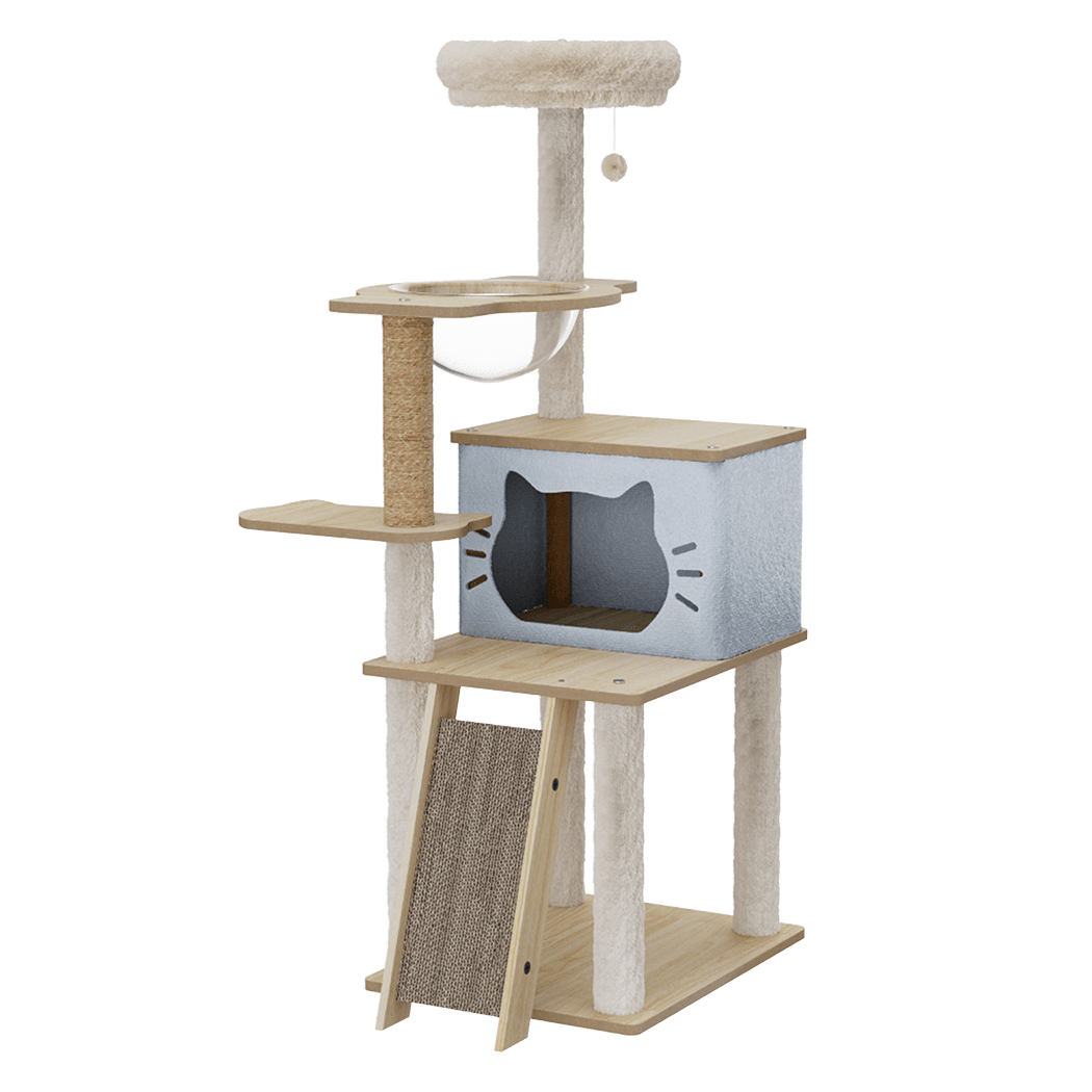 Cat Tree Tower 120cm Wood Condo Scratcher with Capsule Bed - Beige - Rivercity House & Home Co. (ABN 18 642 972 209) - Affordable Modern Furniture Australia