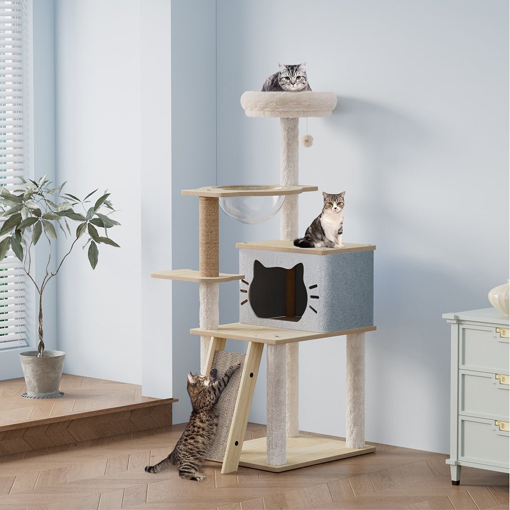 Cat Tree Tower 120cm Wood Condo Scratcher with Capsule Bed - Beige - Rivercity House & Home Co. (ABN 18 642 972 209) - Affordable Modern Furniture Australia