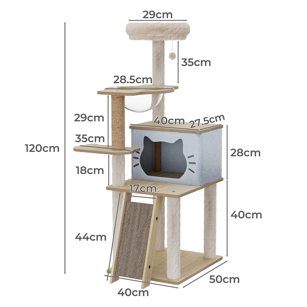 Cat Tree Tower 120cm Wood Condo Scratcher with Capsule Bed - Beige - Rivercity House & Home Co. (ABN 18 642 972 209) - Affordable Modern Furniture Australia