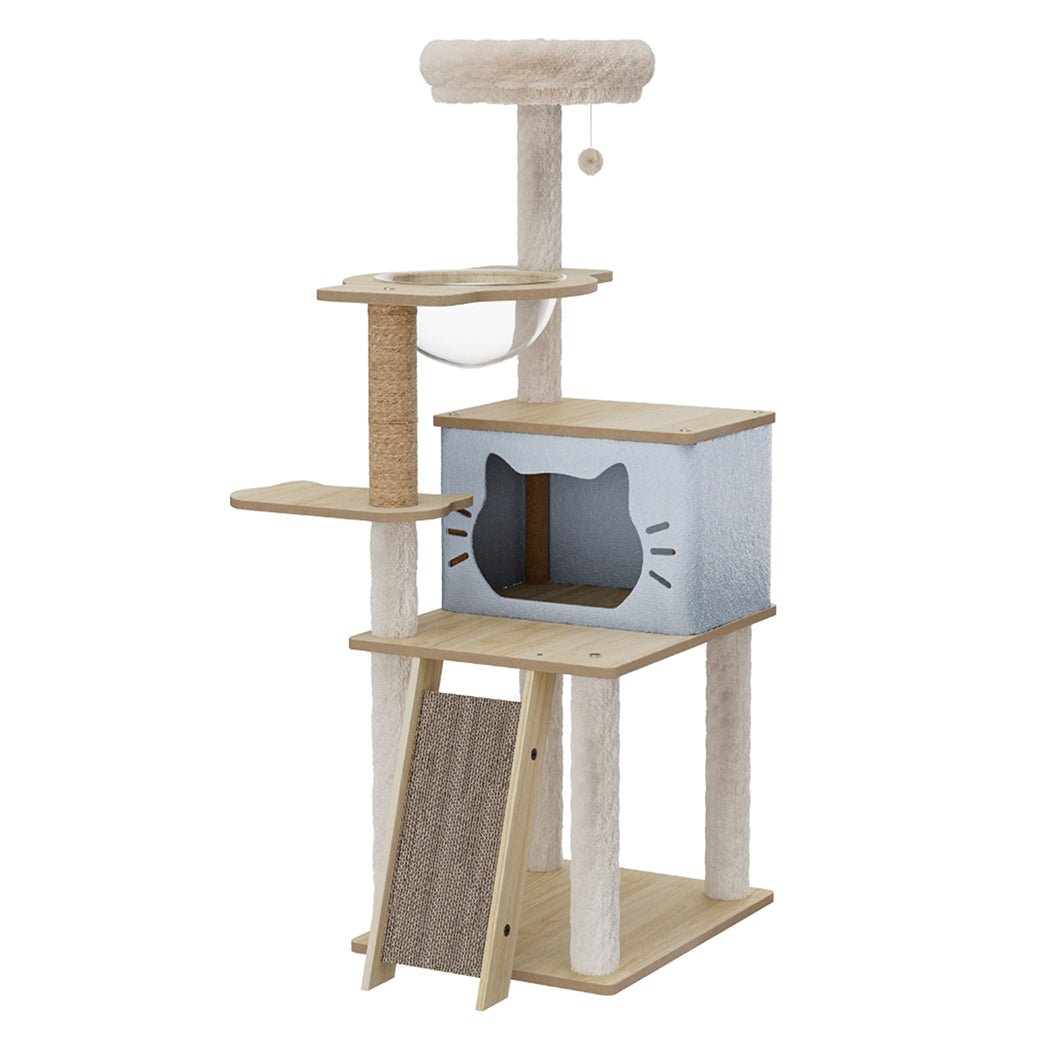 Cat Tree Tower 120cm Wood Condo Scratcher with Capsule Bed - Beige - Rivercity House & Home Co. (ABN 18 642 972 209) - Affordable Modern Furniture Australia